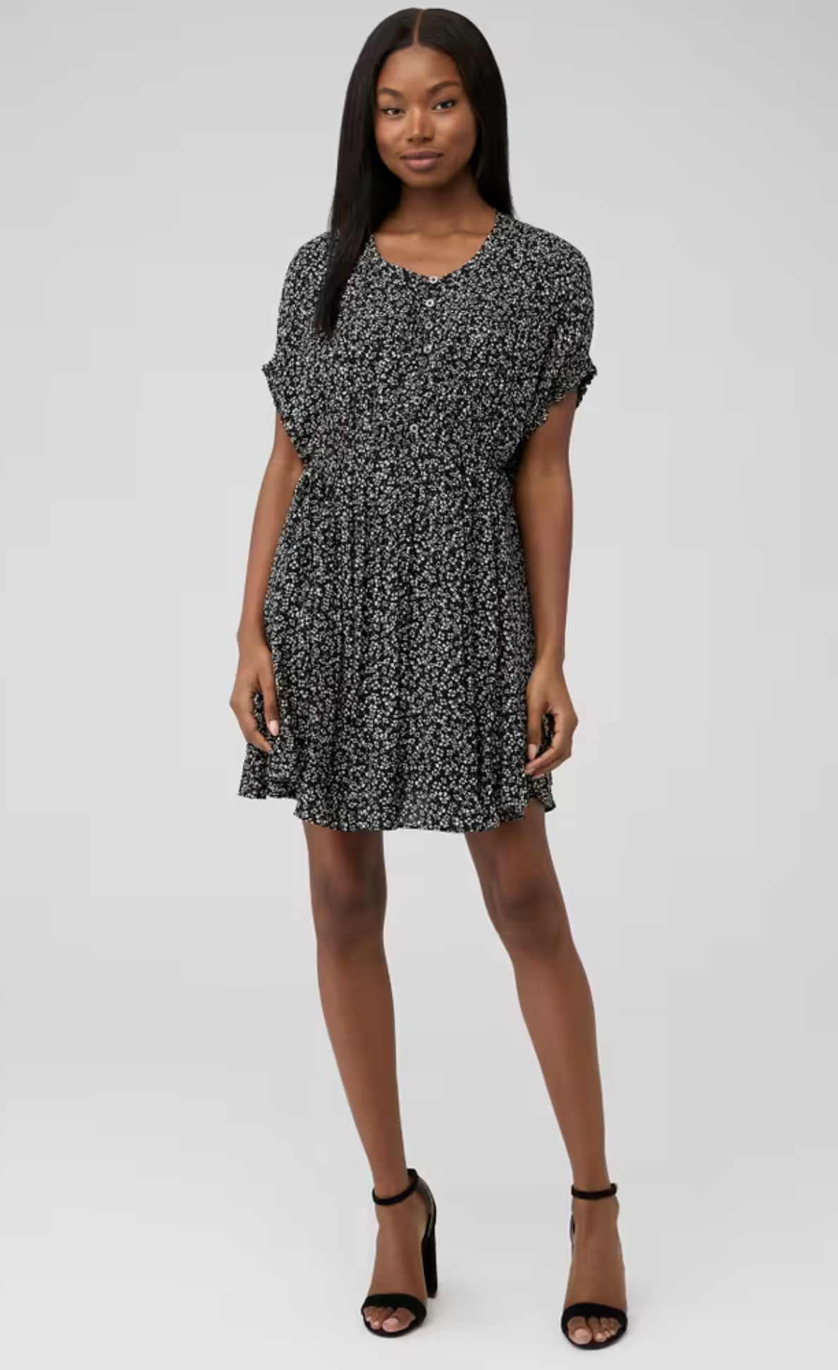 Free People One Fine Day Black White Ditsy Floral Mini Tunic Dress Size XS