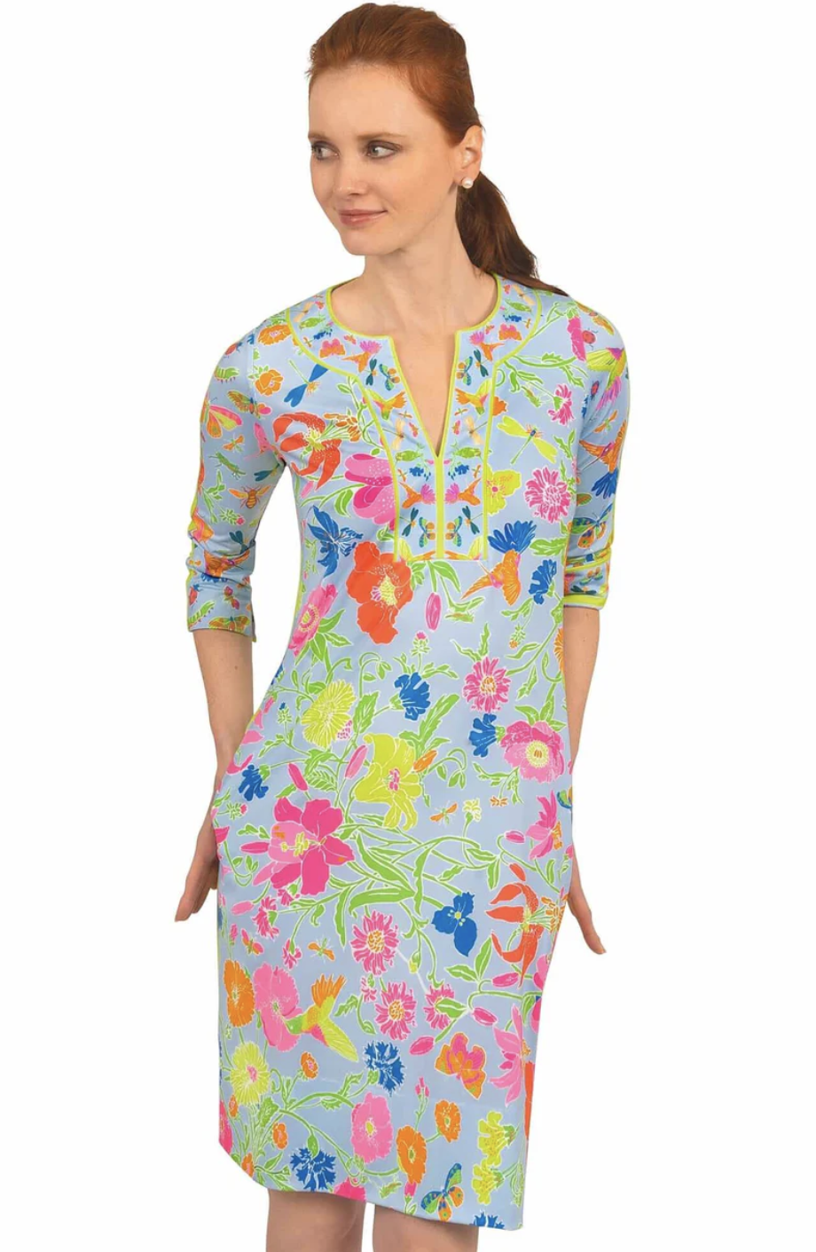 Gretchen Scott Birds and Bees Floral Butterfly Print Jersey Dress Size XS Blue