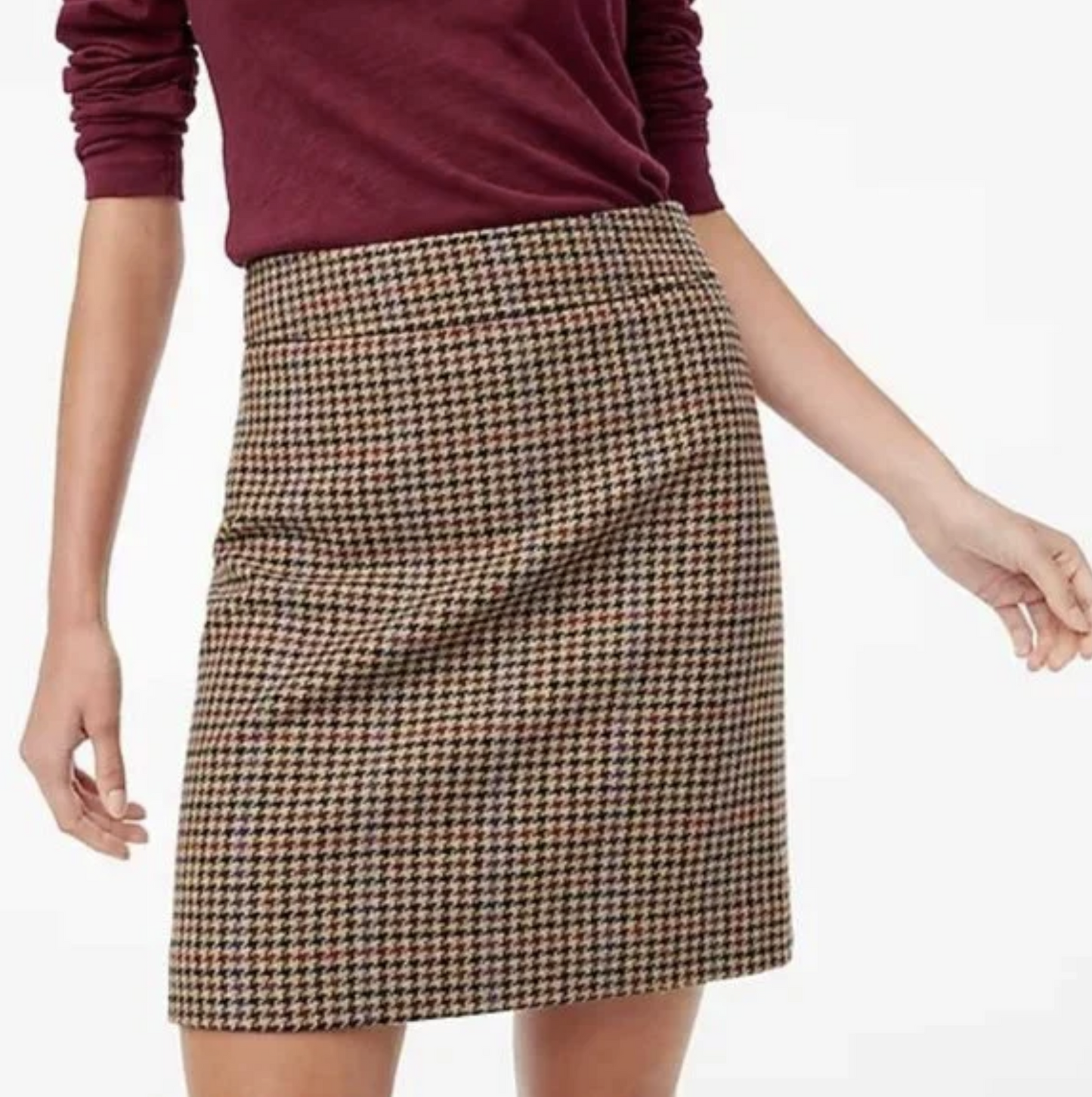 NWT J Crew Factory Houndstooth Plaid Wool Blend Mini Skirt Size 8 Pencil Tan