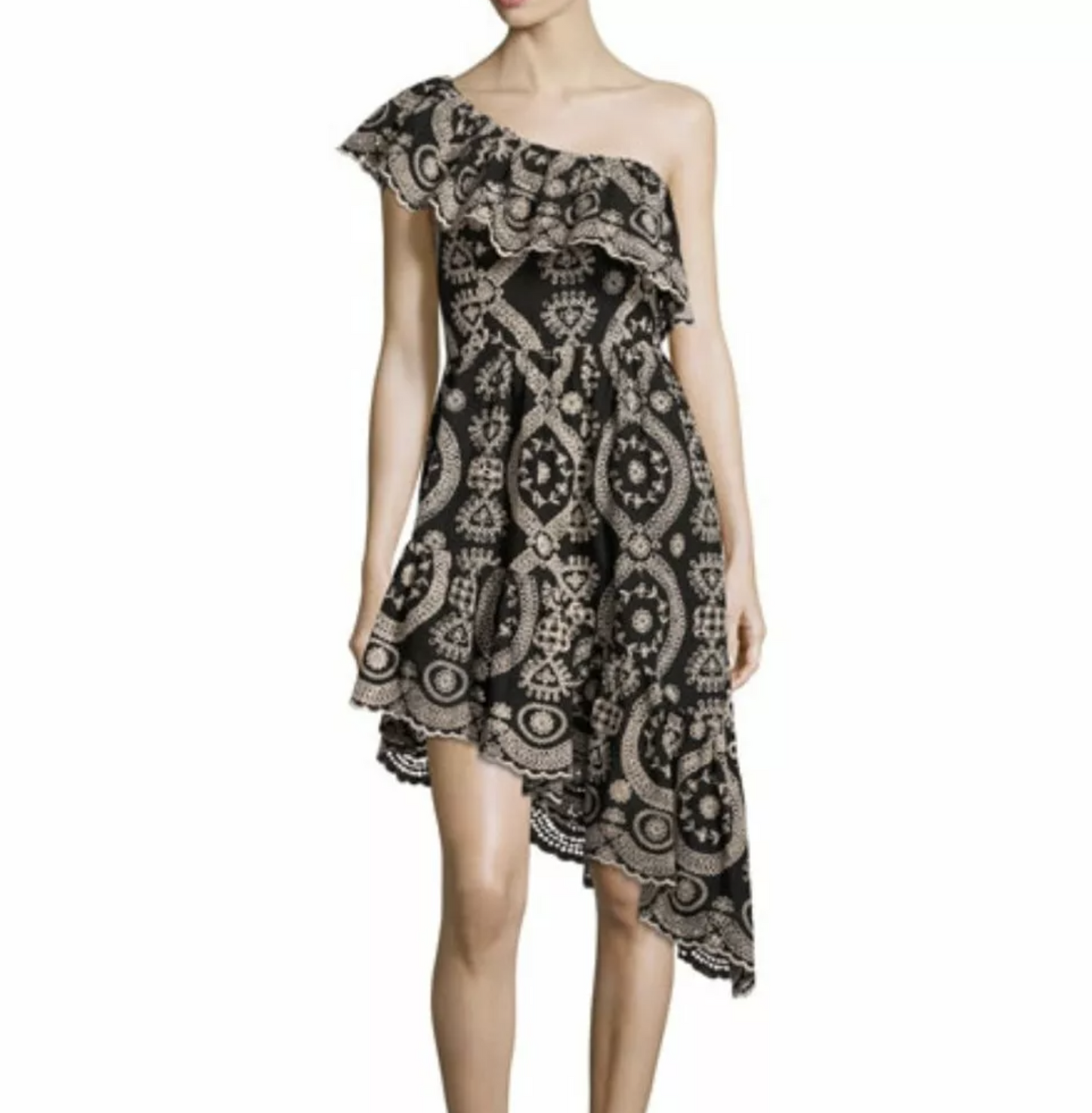 Love Shack Fancy Pamela Embroidered Asymmetrical Hem One Shoulder Dress Ruffle L
