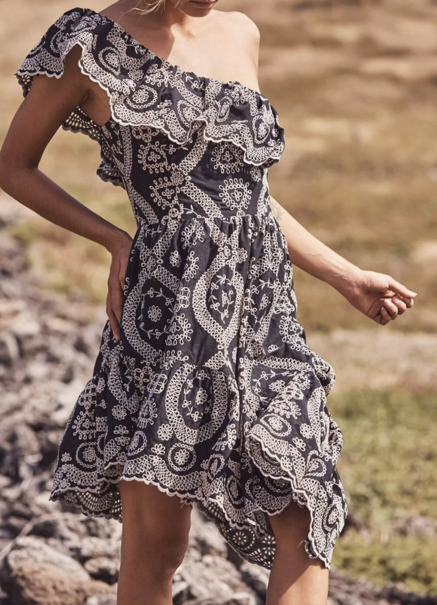 Love Shack Fancy Pamela Embroidered Asymmetrical Hem One Shoulder Dress Ruffle L