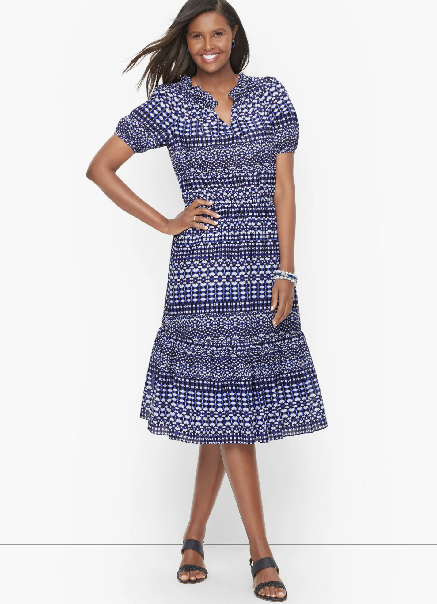 Talbots Blue White Shibori Geo Print Fit and Flare Tiered Dress Size L Casual