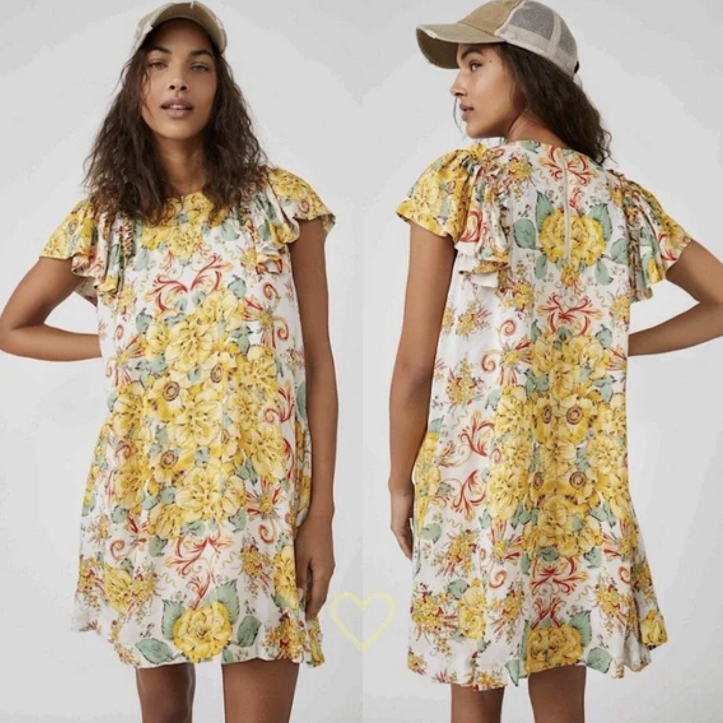 Free People Yara Ruffle Sleeve Floral Shift Dress Size L Tea Combo Yellow Mini
