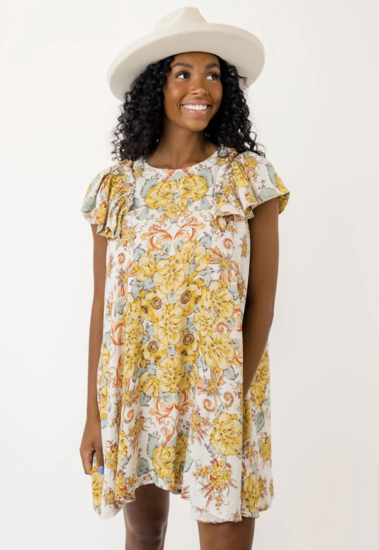 Free People Yara Ruffle Sleeve Floral Shift Dress Size L Tea Combo Yellow Mini