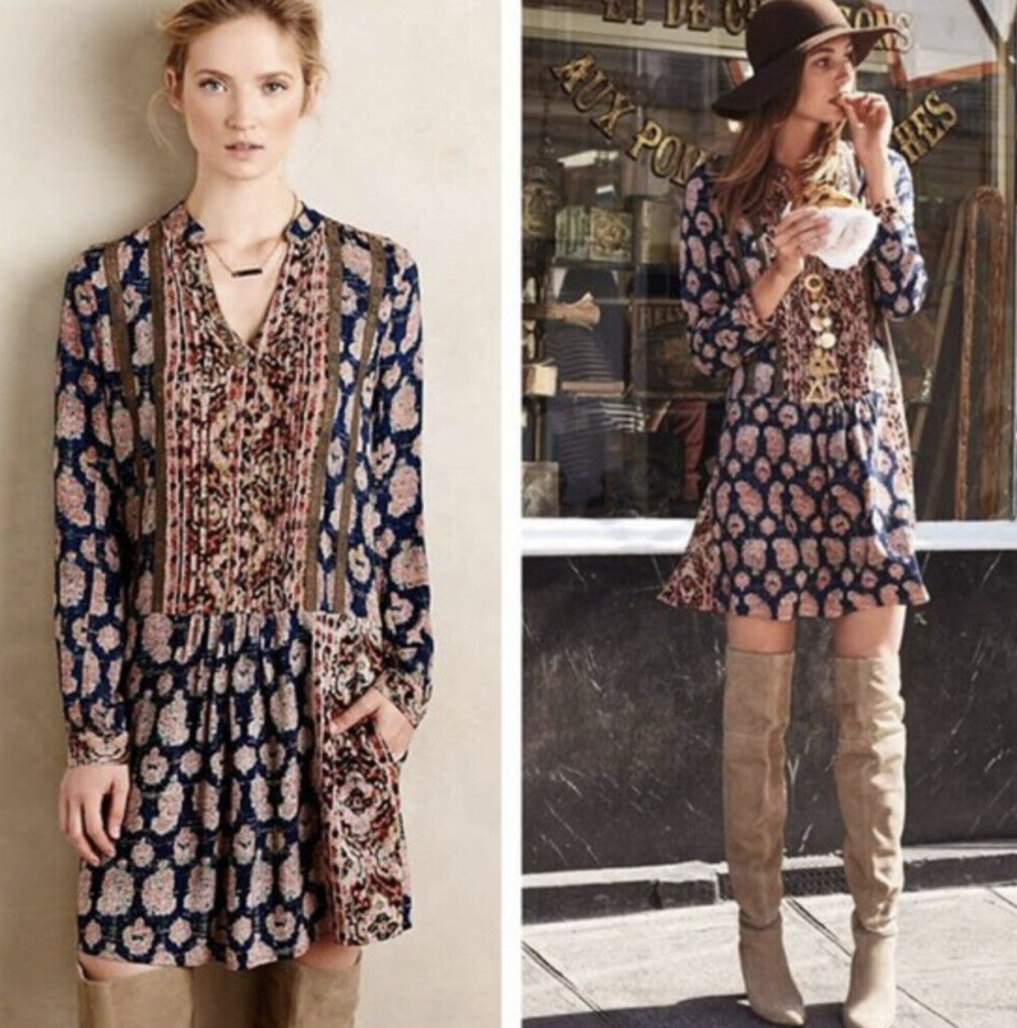 Tiny Anthropologie Navy Blue Printed Drop Waist Shift Dress Size L Long Sleeve