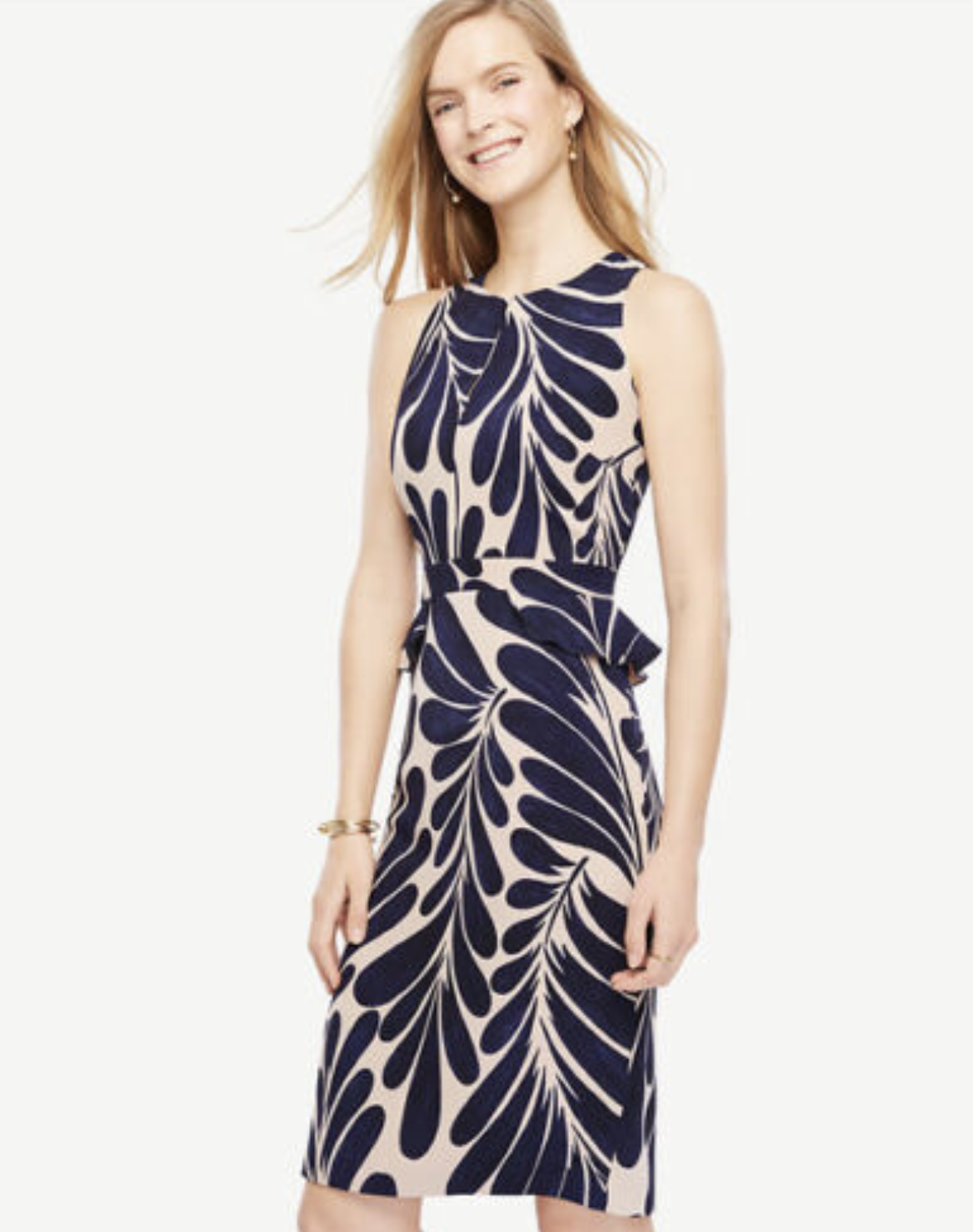 NWT Ann Taylor Leaf Floral Ruffle Peplum Sheath Dress Size 16 Career Navy Blue