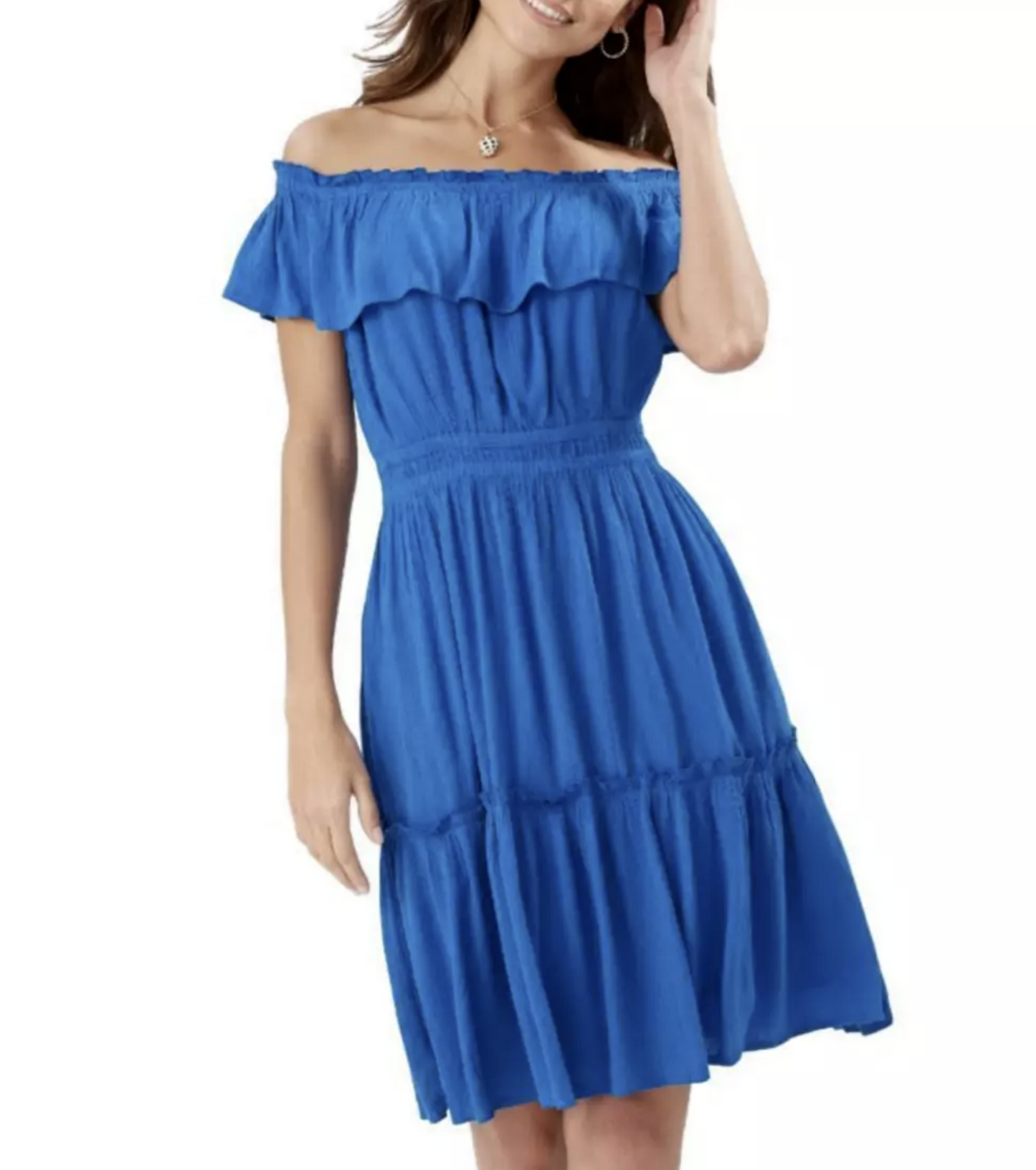 Tommy Bahama Blue Off the Shoulder Tiered Crinkle Textured Dress Size S Summer