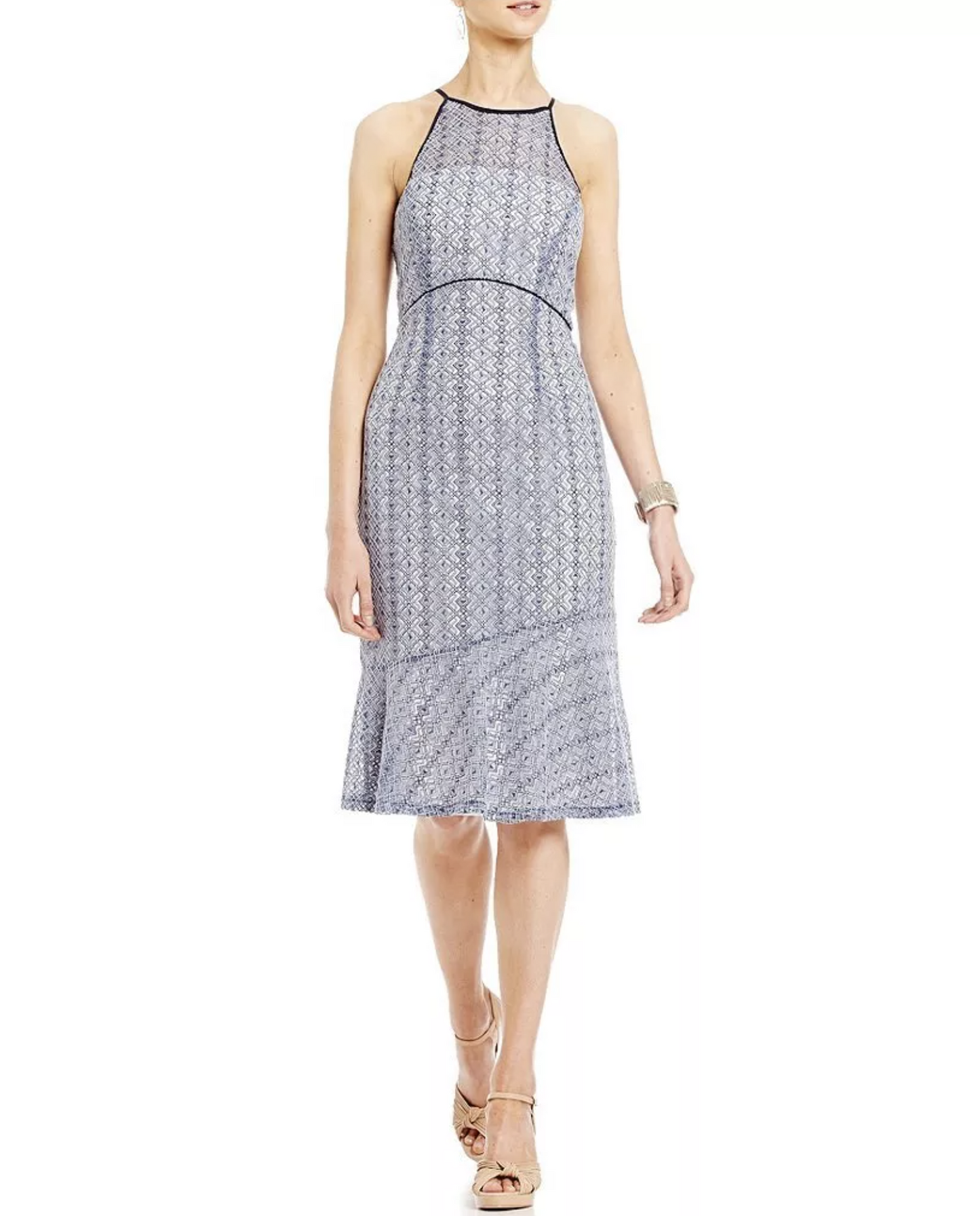 NWT Antonio Melani Blue Lace Illusion Halter Flounce Hem Sheath Dress Size 10