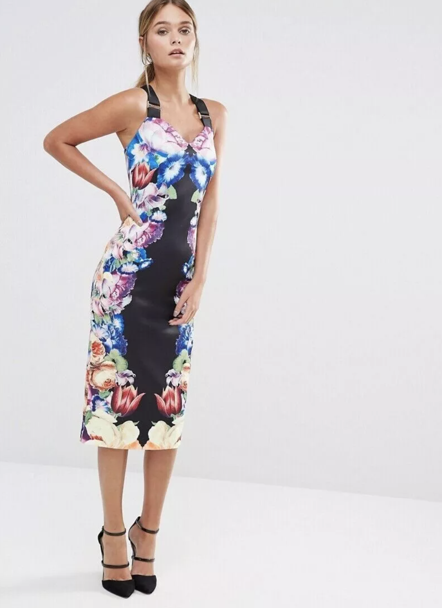 Ted Baker Deony Black Colorful Floral Bodycon Scuba Midi Dress Sz 2 Buckle Strap