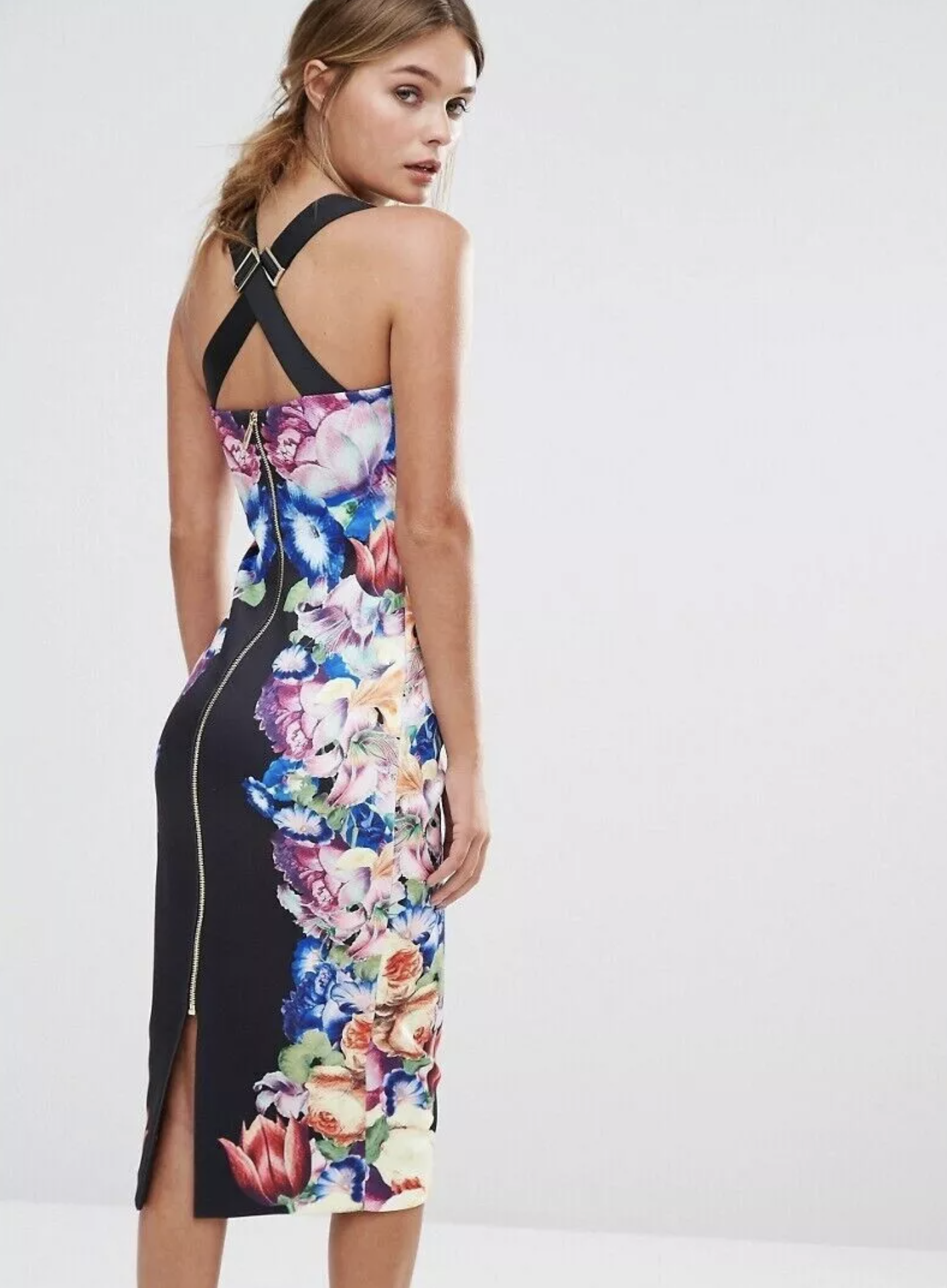 Ted Baker Deony Black Colorful Floral Bodycon Scuba Midi Dress Sz 2 Buckle Strap