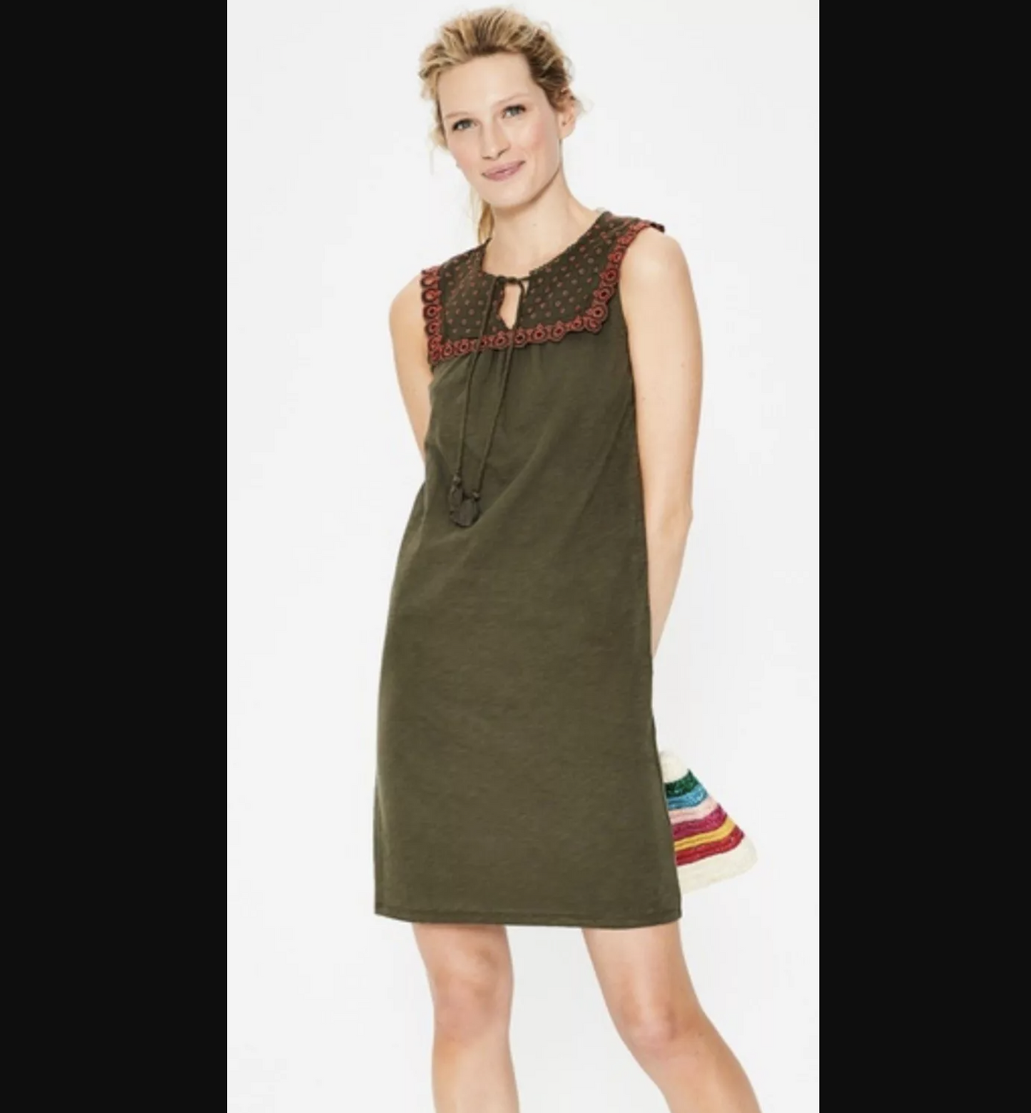 Boden Nella Olive Green Cotton Jersey Embroidered Tie Neck Shift Dress Sz 10R 10