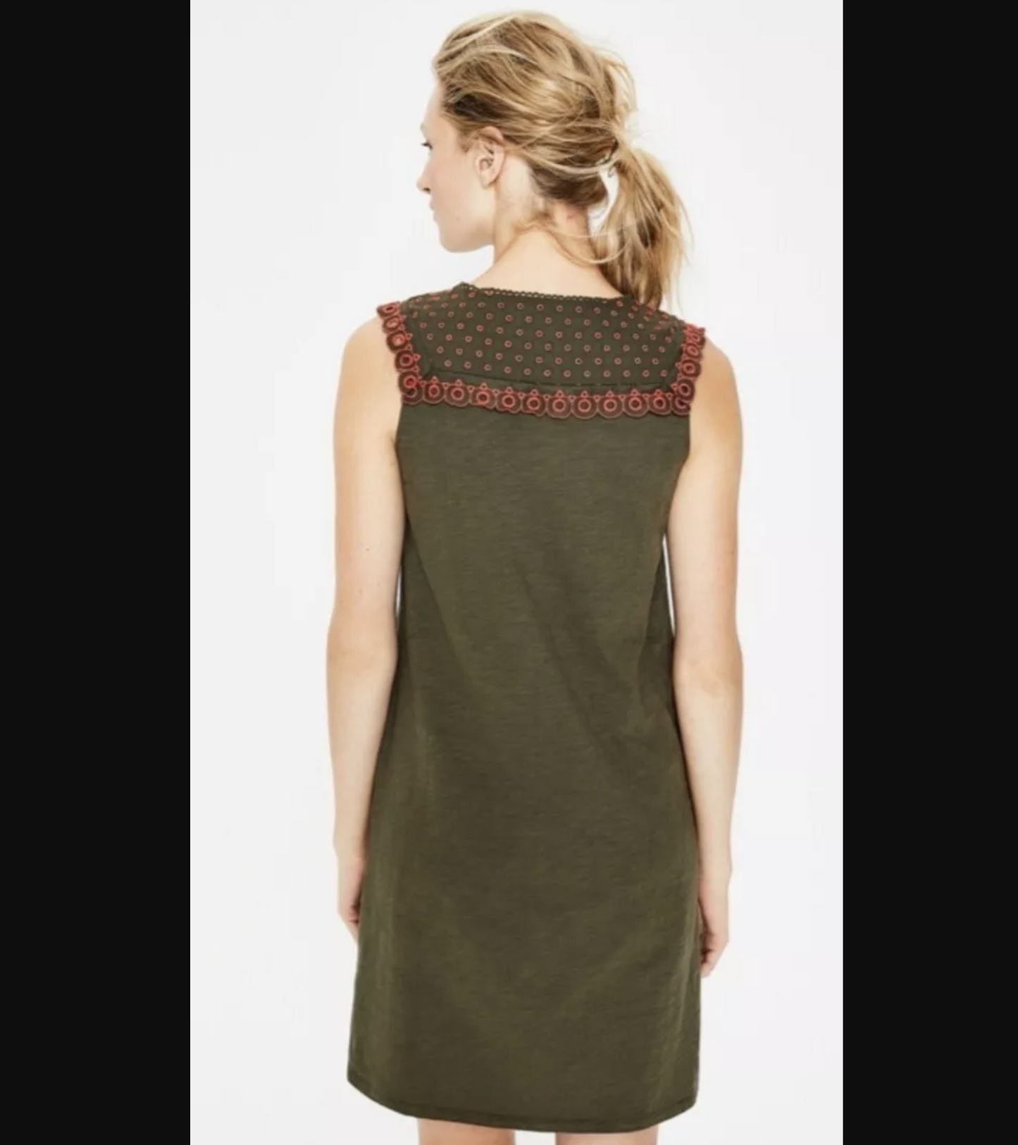 Boden Nella Olive Green Cotton Jersey Embroidered Tie Neck Shift Dress Sz 10R 10
