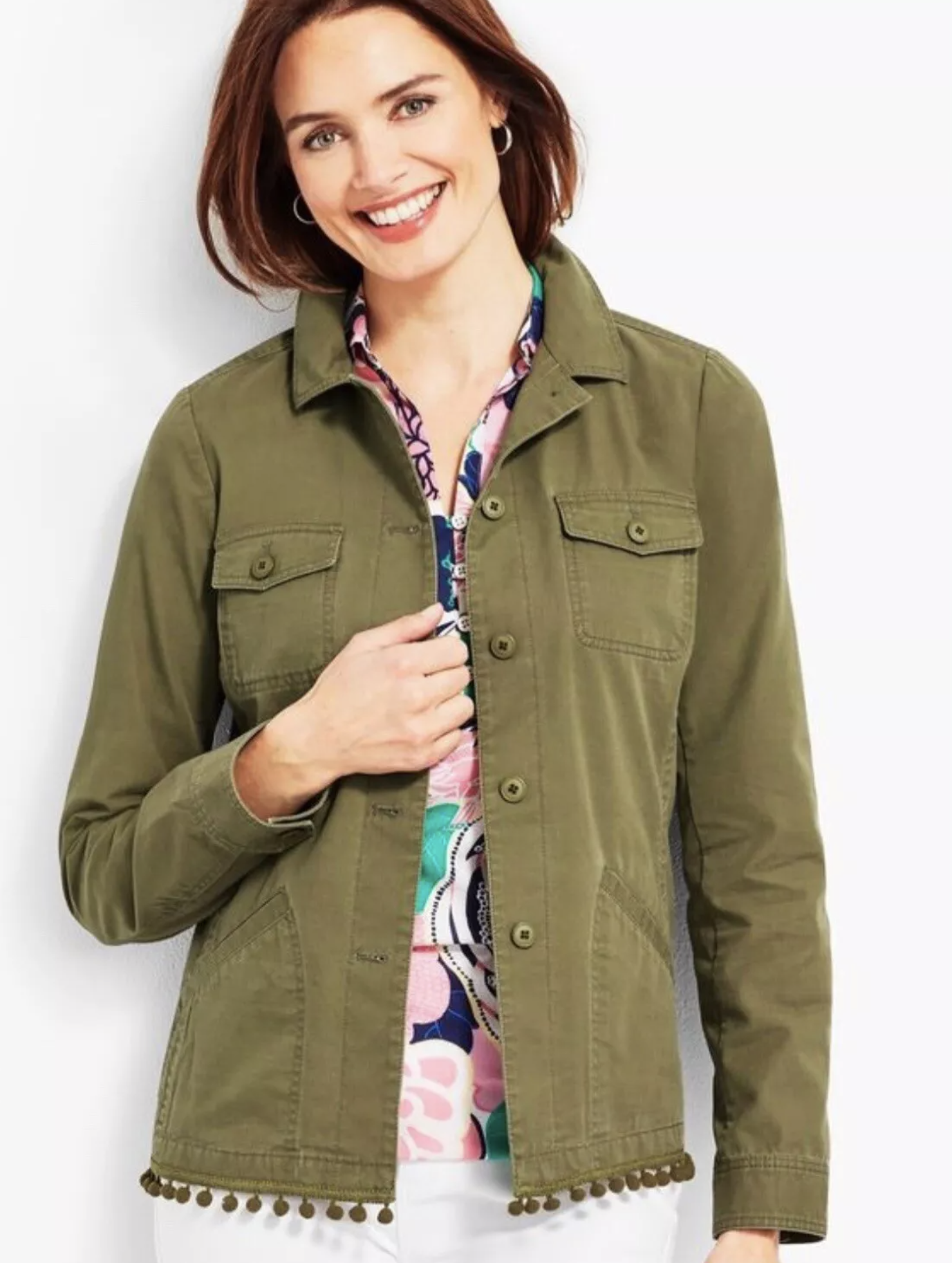 Talbots Womens Moss Army Green Pompom Trim Button Front Utility Jacket Size M