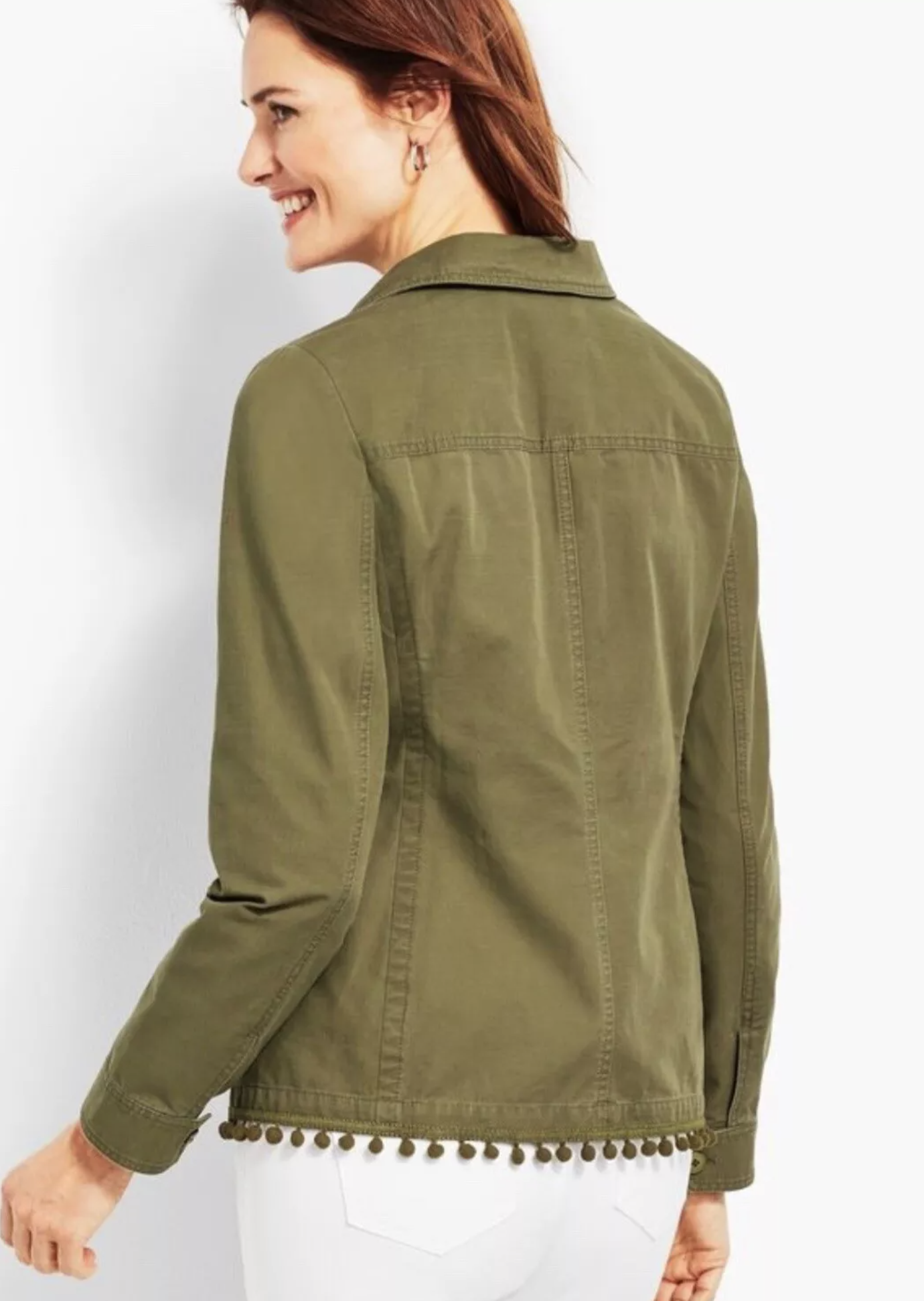 Talbots Womens Moss Army Green Pompom Trim Button Front Utility Jacket Size M