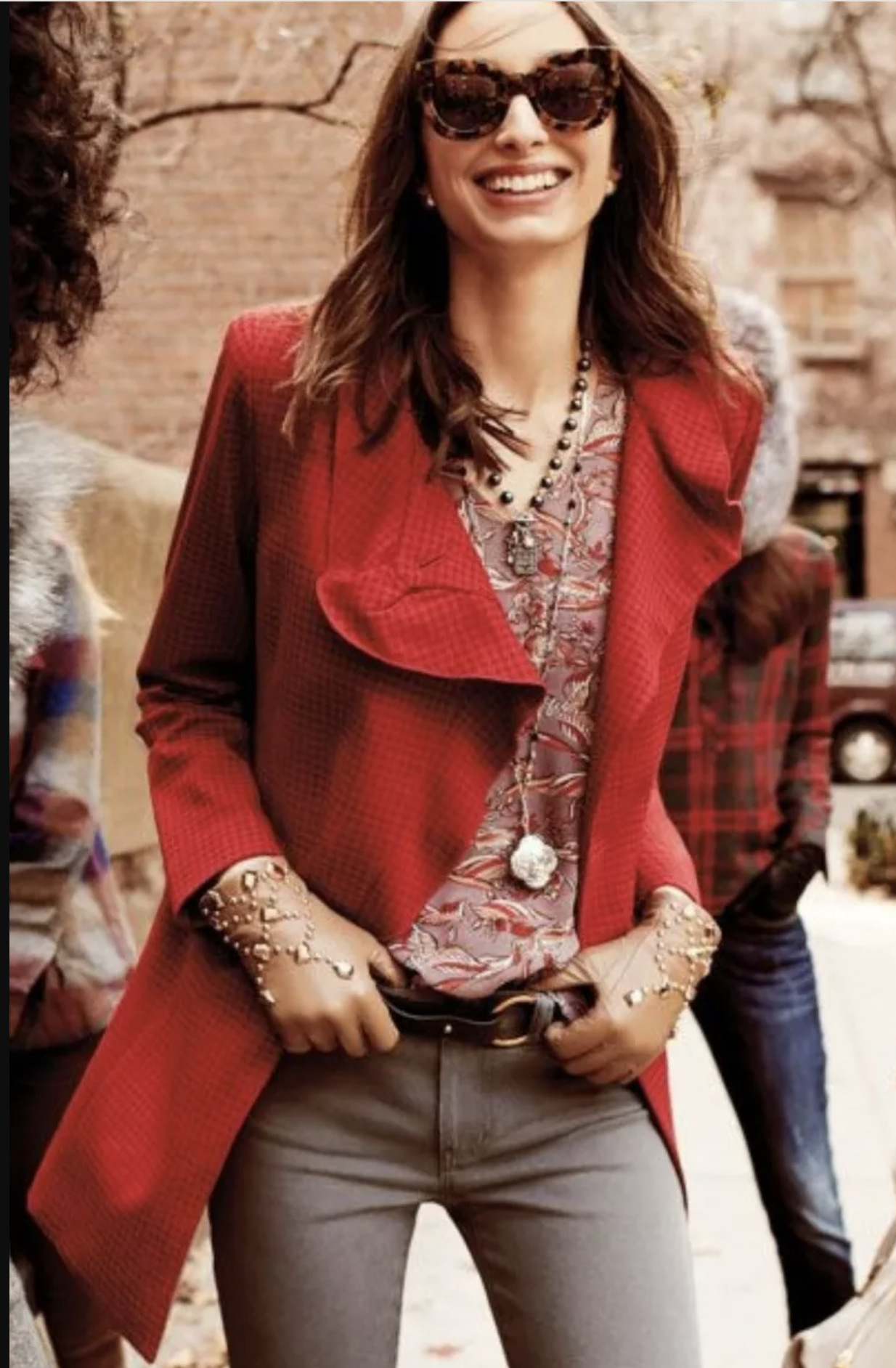 CAbi Red Houndstooth Embossed Ruffle Stand Collar Celebration Coat Jacket Sz XS