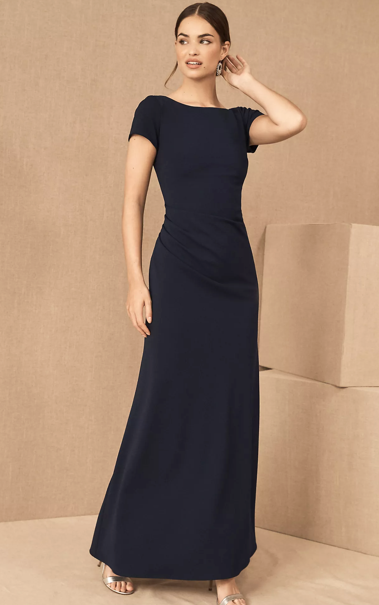 NWT Bhldn Anthropologie Navy Blue Matisse Ruched Cap Sleeve Formal Gown Dress 10