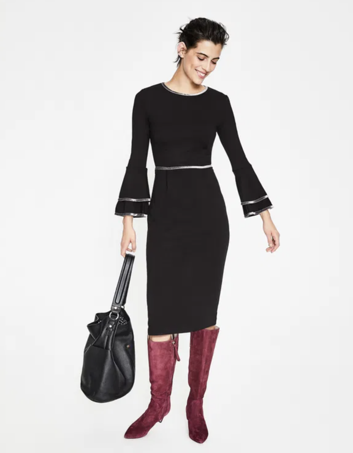 NWT Boden Cora Black Ponte Jersey Knit Bell Sleeve Midi Sheath Dress Size 16R 16