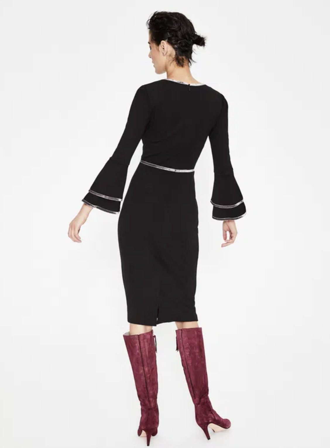 NWT Boden Cora Black Ponte Jersey Knit Bell Sleeve Midi Sheath Dress Size 16R 16