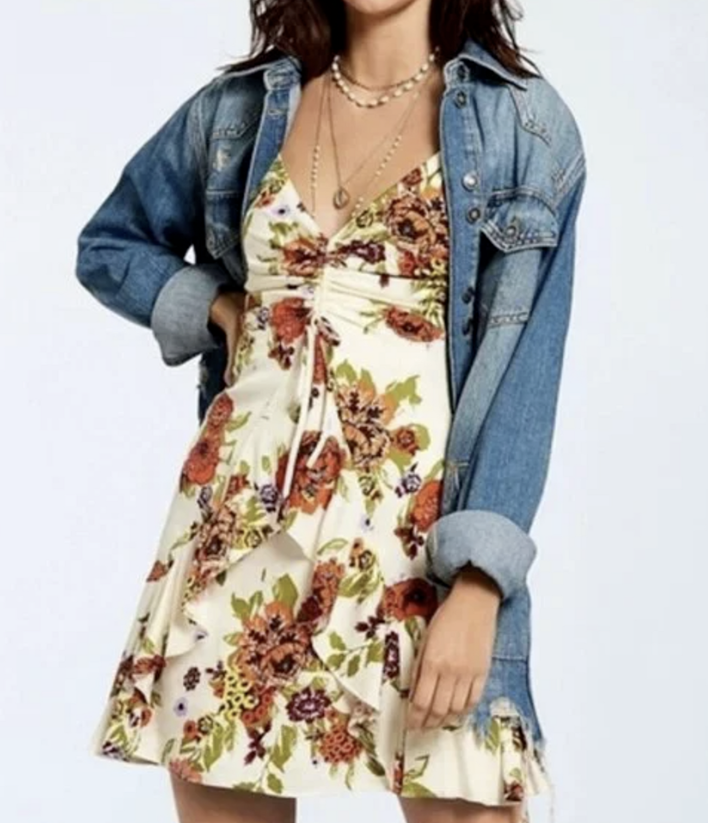 Free People Happy Heart Ivory Combo Floral Ruched Ruffle Mini Dress Size L