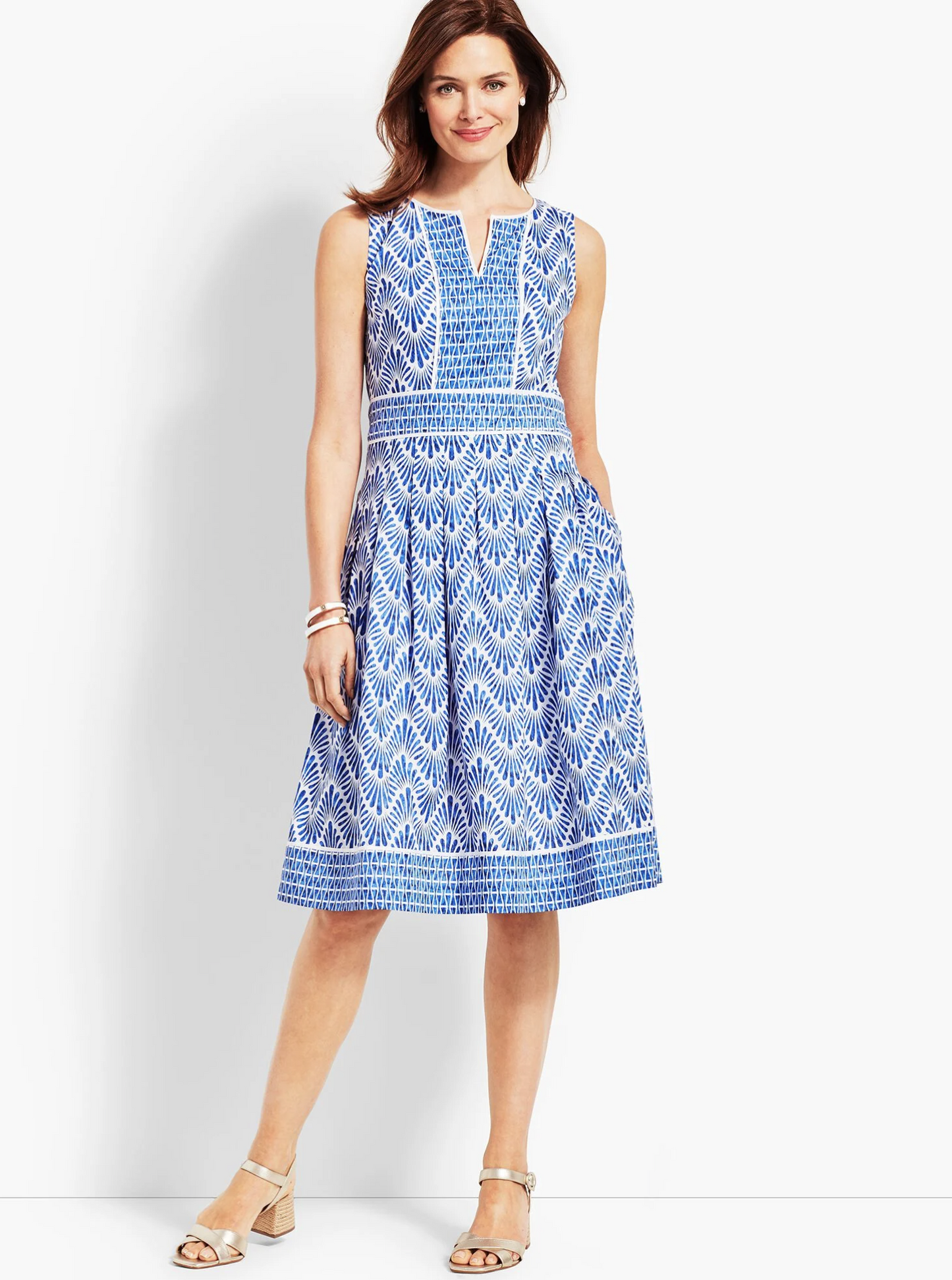 Talbots Plus Blue White Geometric Print Fit and Flare Dress Size 20W Sleeveless