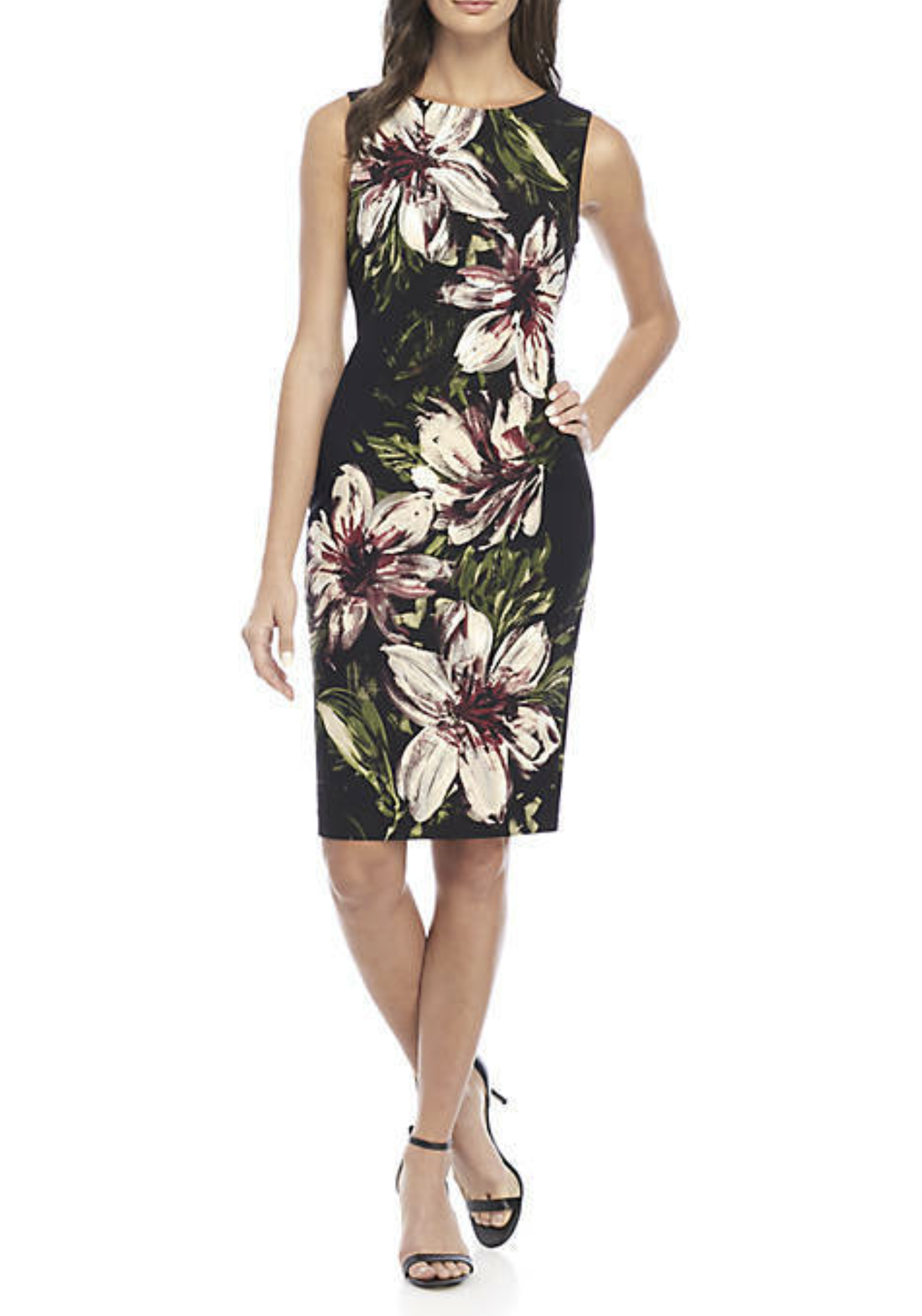 Calvin Klein Black Burgundy Silver Painted Floral Sheath Dress Size 6 Career
