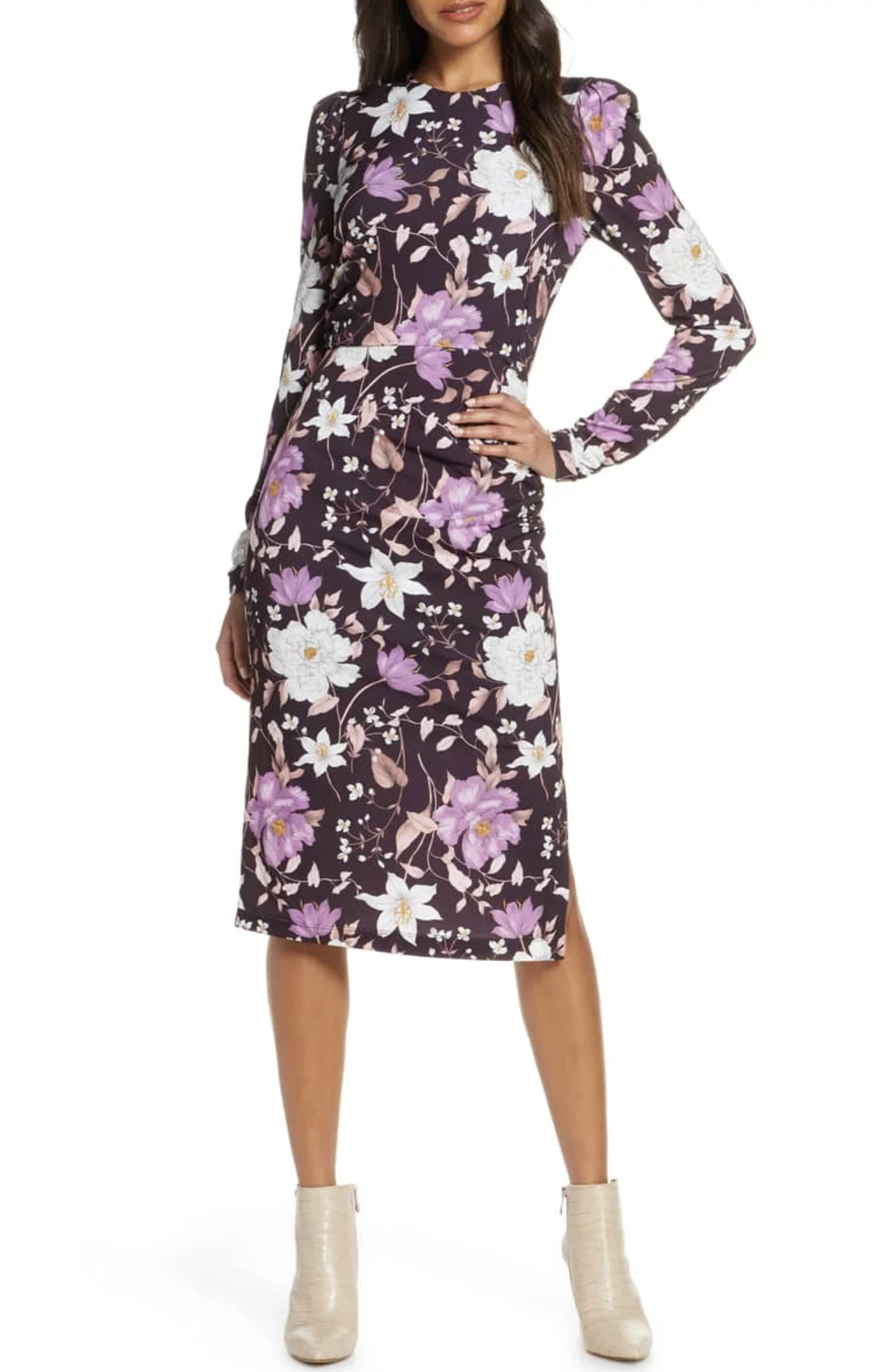 Eliza J Purple Floral Puff Long Sleeve Ruched Jersey Sheath Dress Size 12