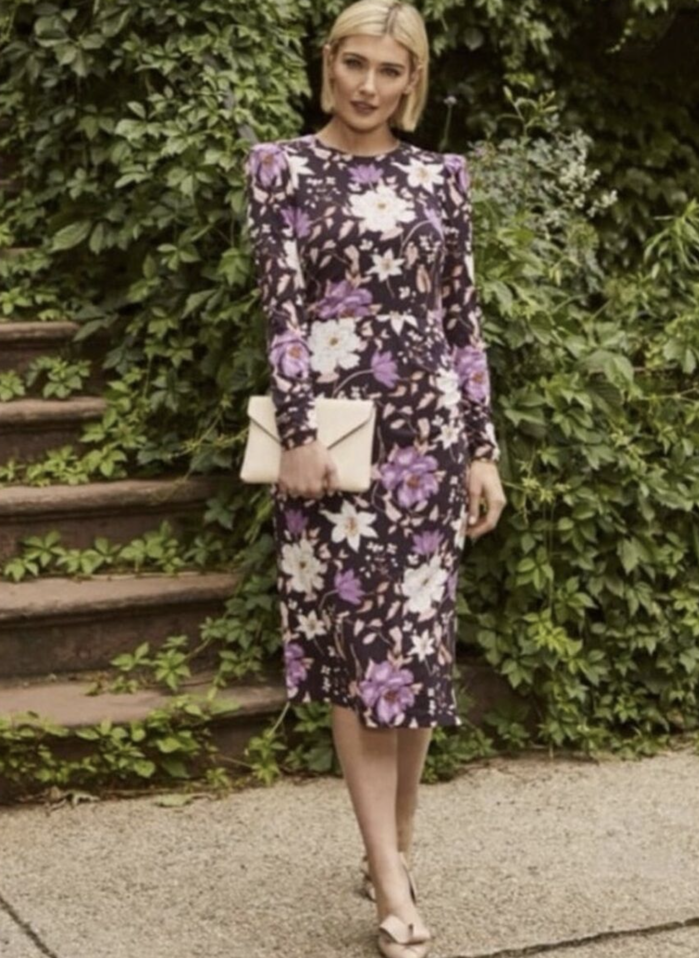 Eliza J Purple Floral Puff Long Sleeve Ruched Jersey Sheath Dress Size 12