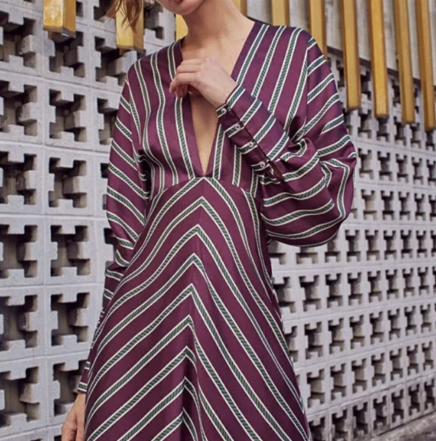 Alexis Tena Burgundy Green Striped Plunge V Neck Long Sleeve Mini Dress Size XS