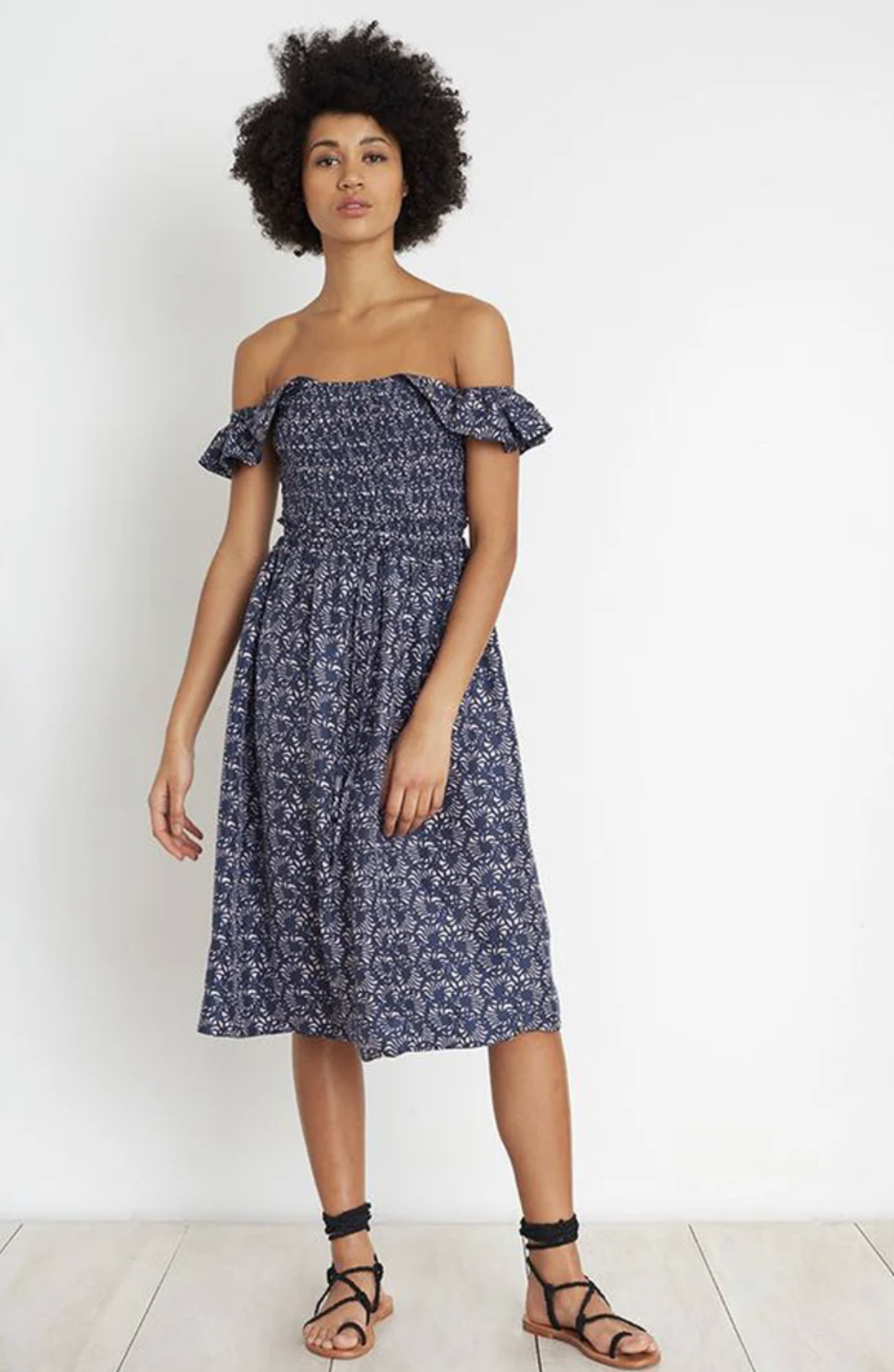 NWT Apiece Apart Lamu Blue Silk Smocked Ruffle Off the Shoulder Midi Dress Sz 2