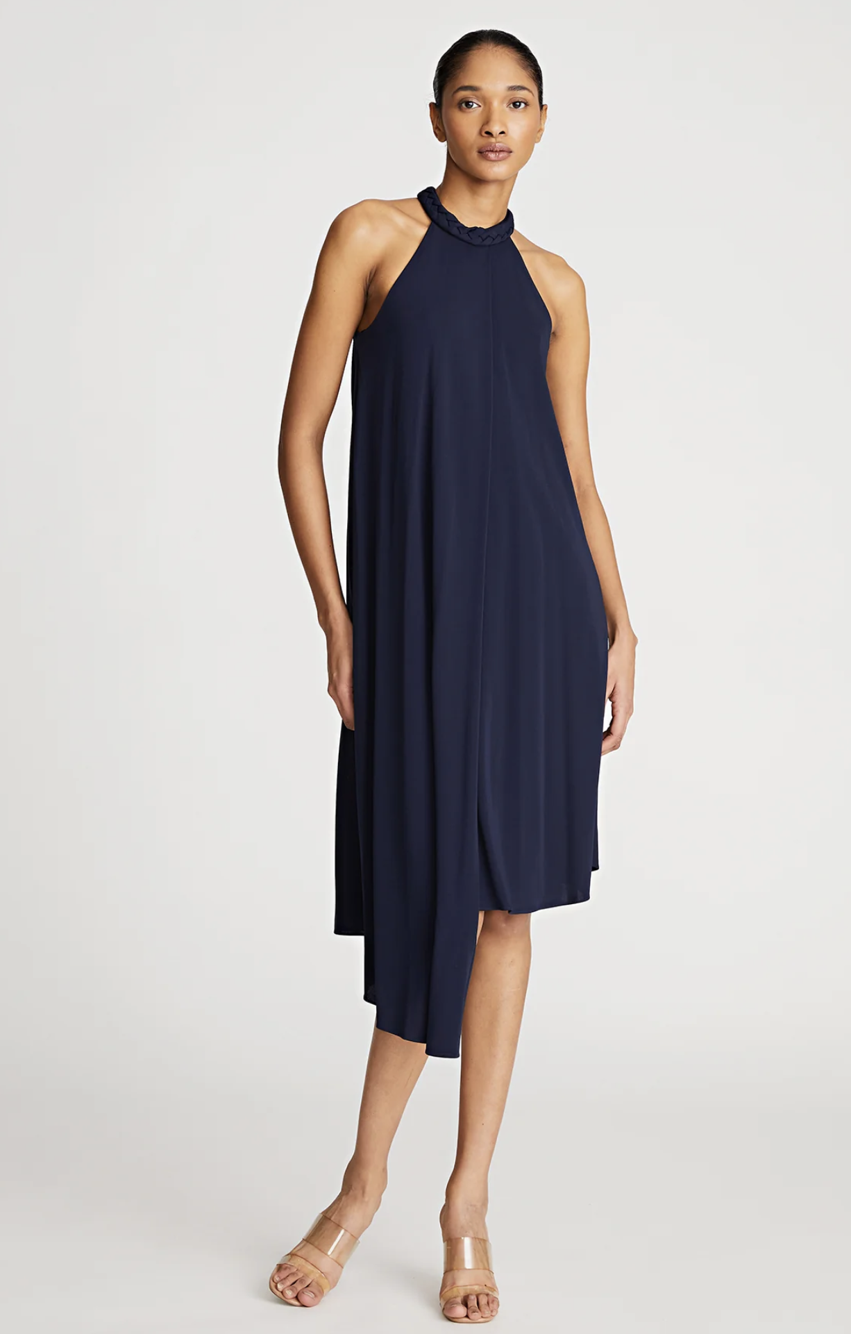 NWT $545 Halston Marie Navy Blue Halter Draped Asymmetrical Hem Jersey Dress 0