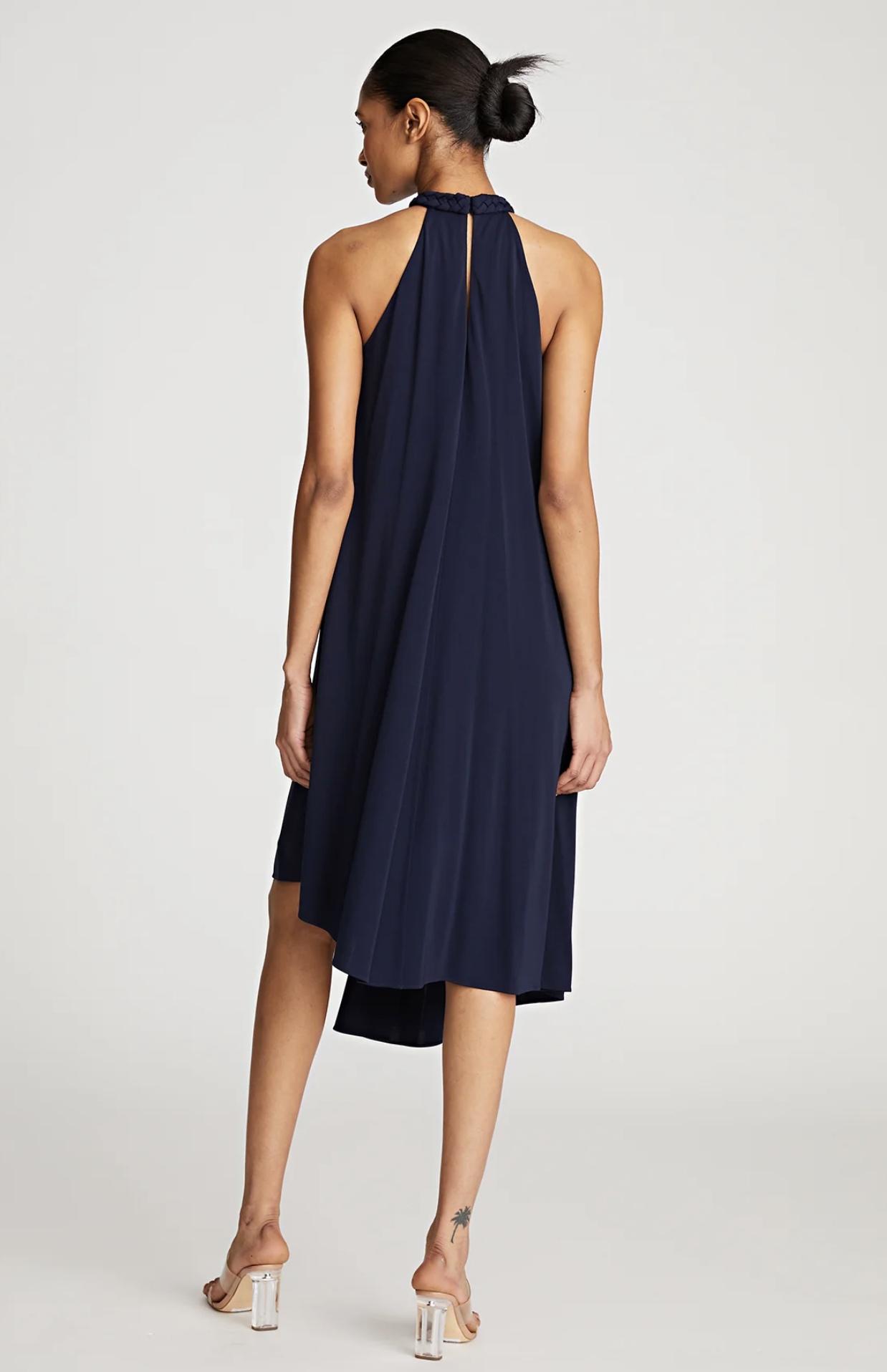 NWT $545 Halston Marie Navy Blue Halter Draped Asymmetrical Hem Jersey Dress 0