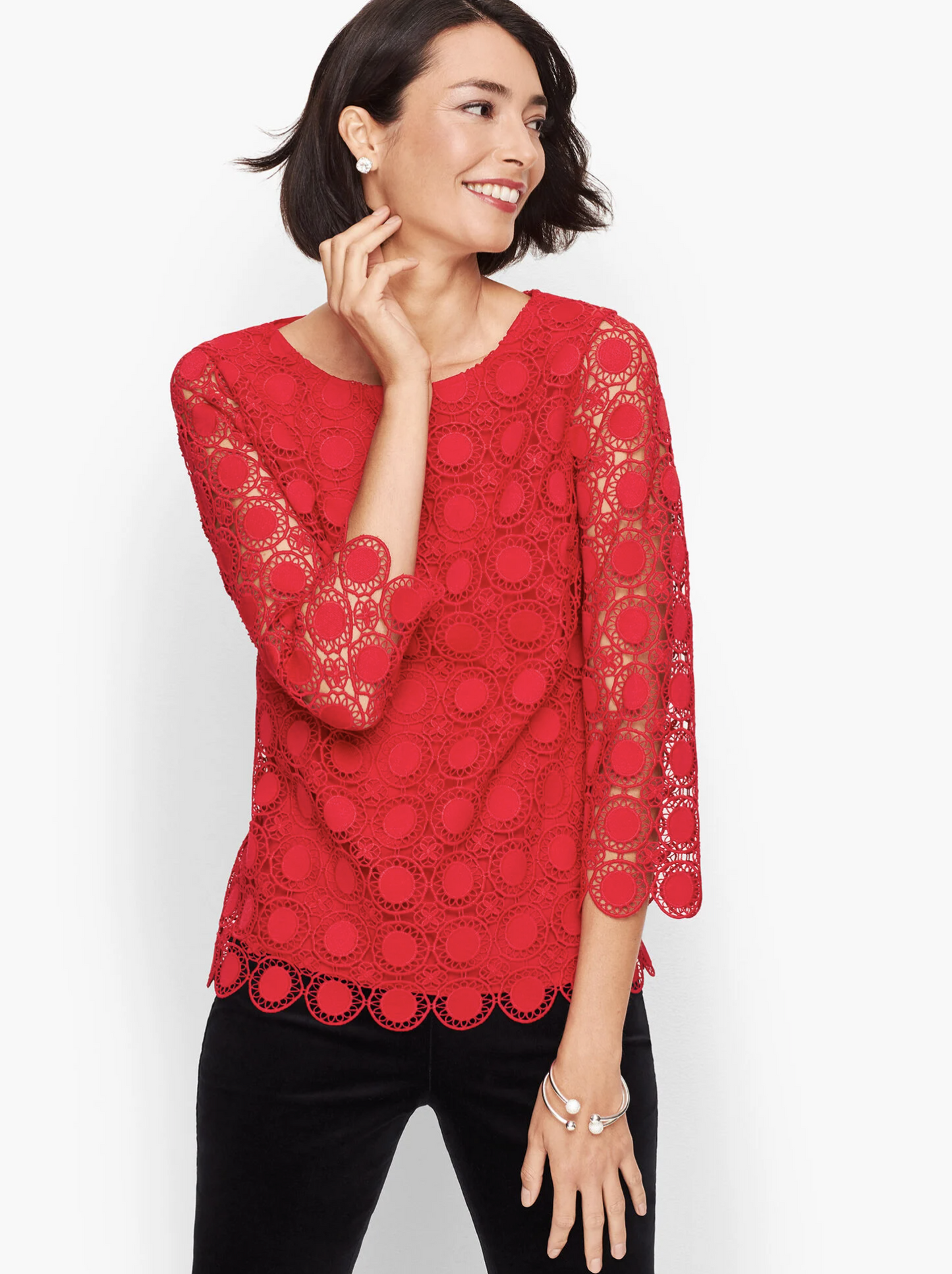 Talbots Womens Plus Red Scalloped Medallion Textured Top Blouse Size 2x