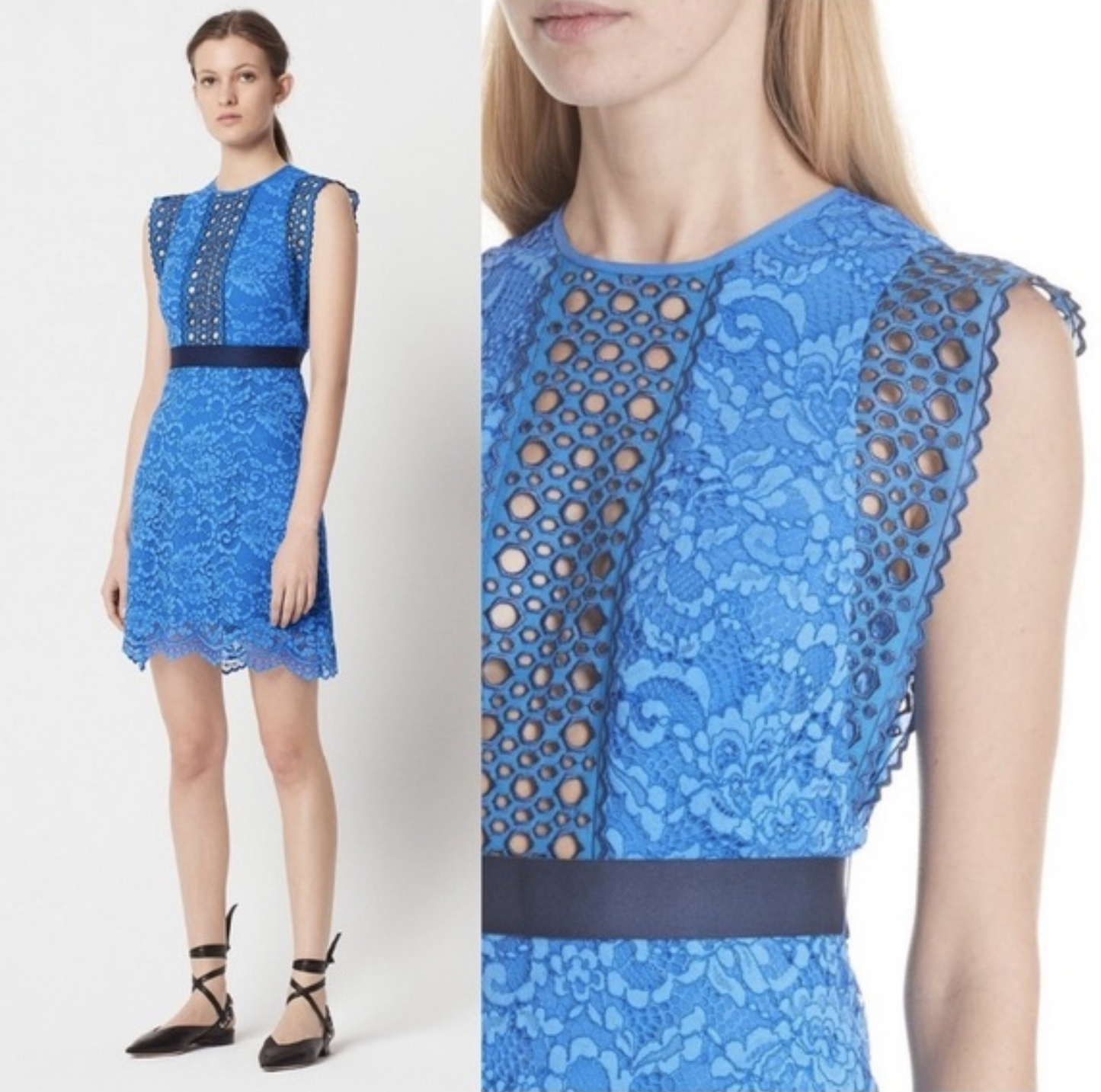 Sandro Paris Handi Blue Lace Eyelet Ruffle Sheath Dress Size 36 Cocktail Party