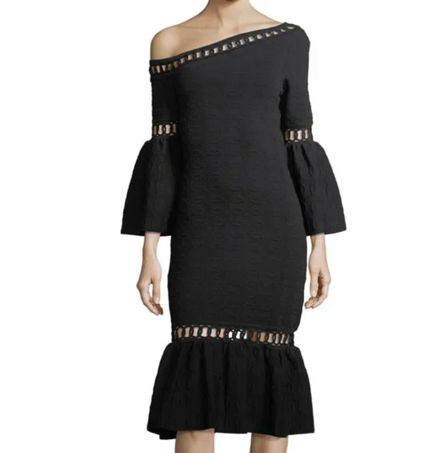 NWT Jonathan Simkhai Black Structured Knit Off Shoulder Eyelet Flounce Dress S
