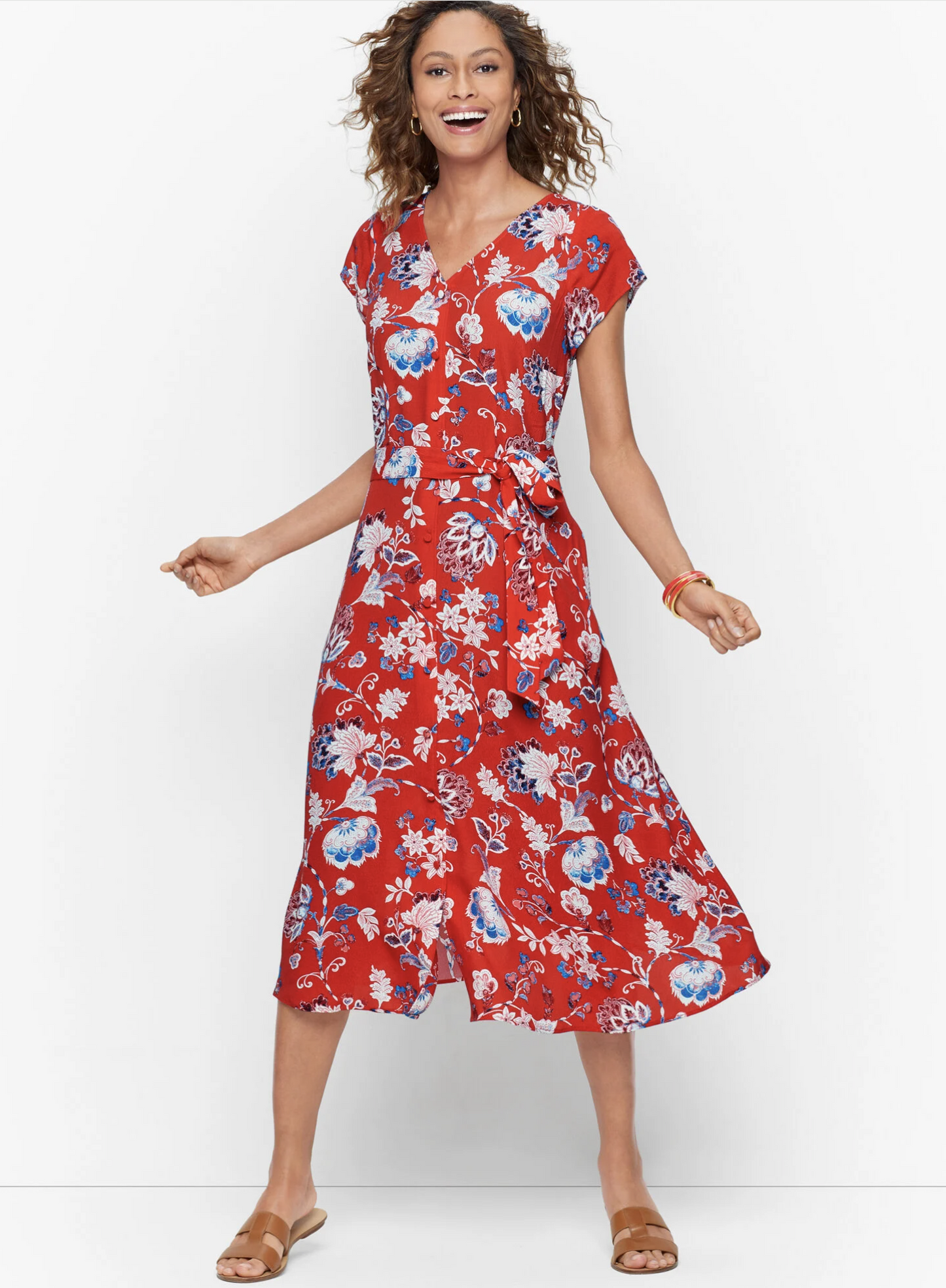 Talbots Red Blue Floral Tie Waist Belted Midi Shirt Dress Size 12 V Neck