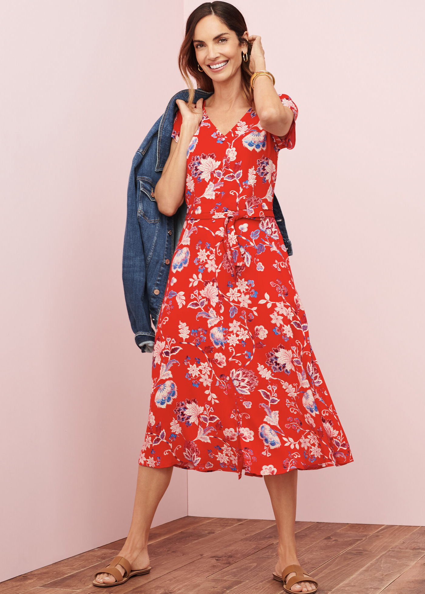 Talbots Red Blue Floral Tie Waist Belted Midi Shirt Dress Size 12 V Neck