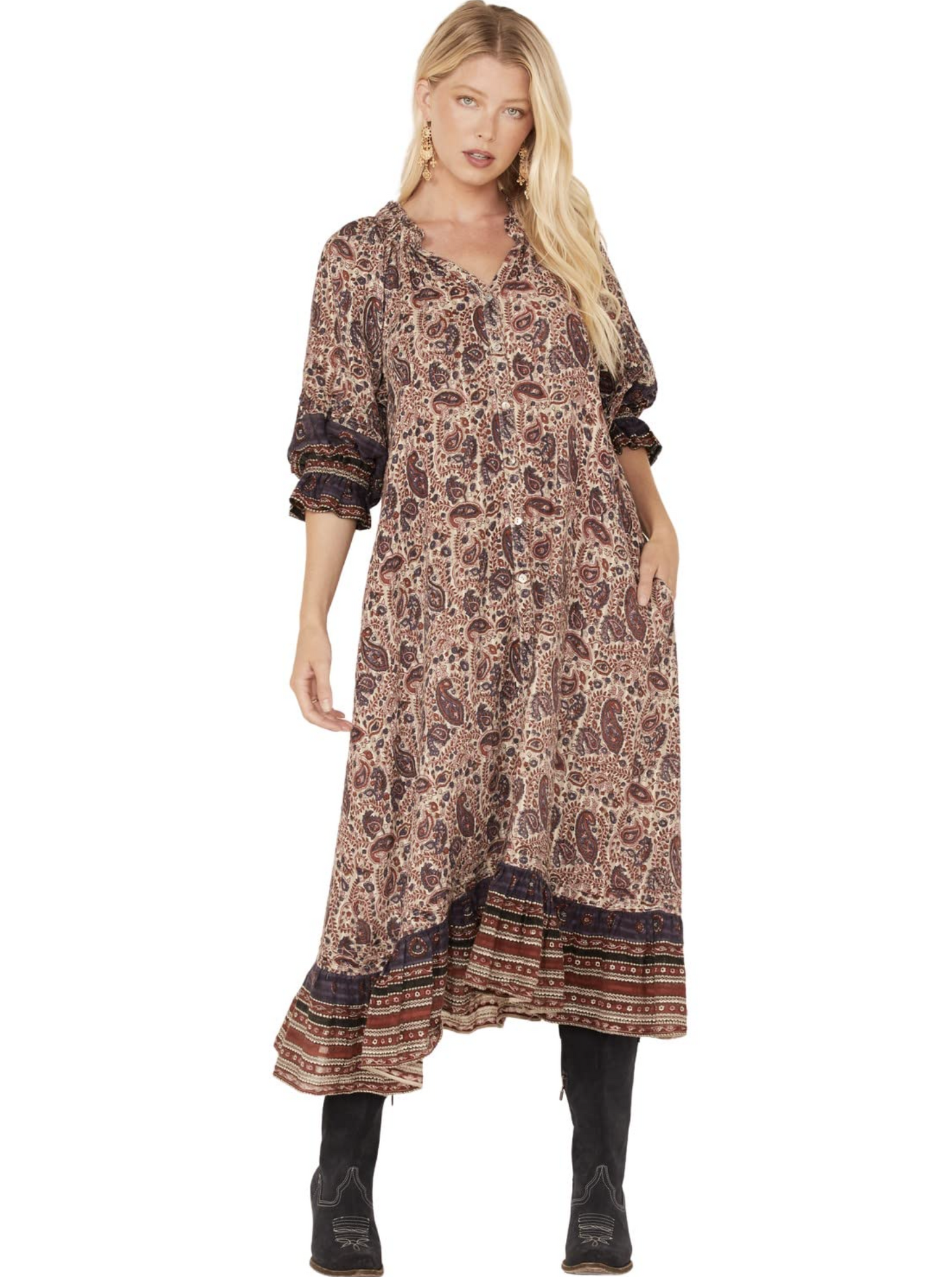 Cleobella Lola Metallic Paisley Print Ruffle Peasant Midi Dress Size XS V Neck