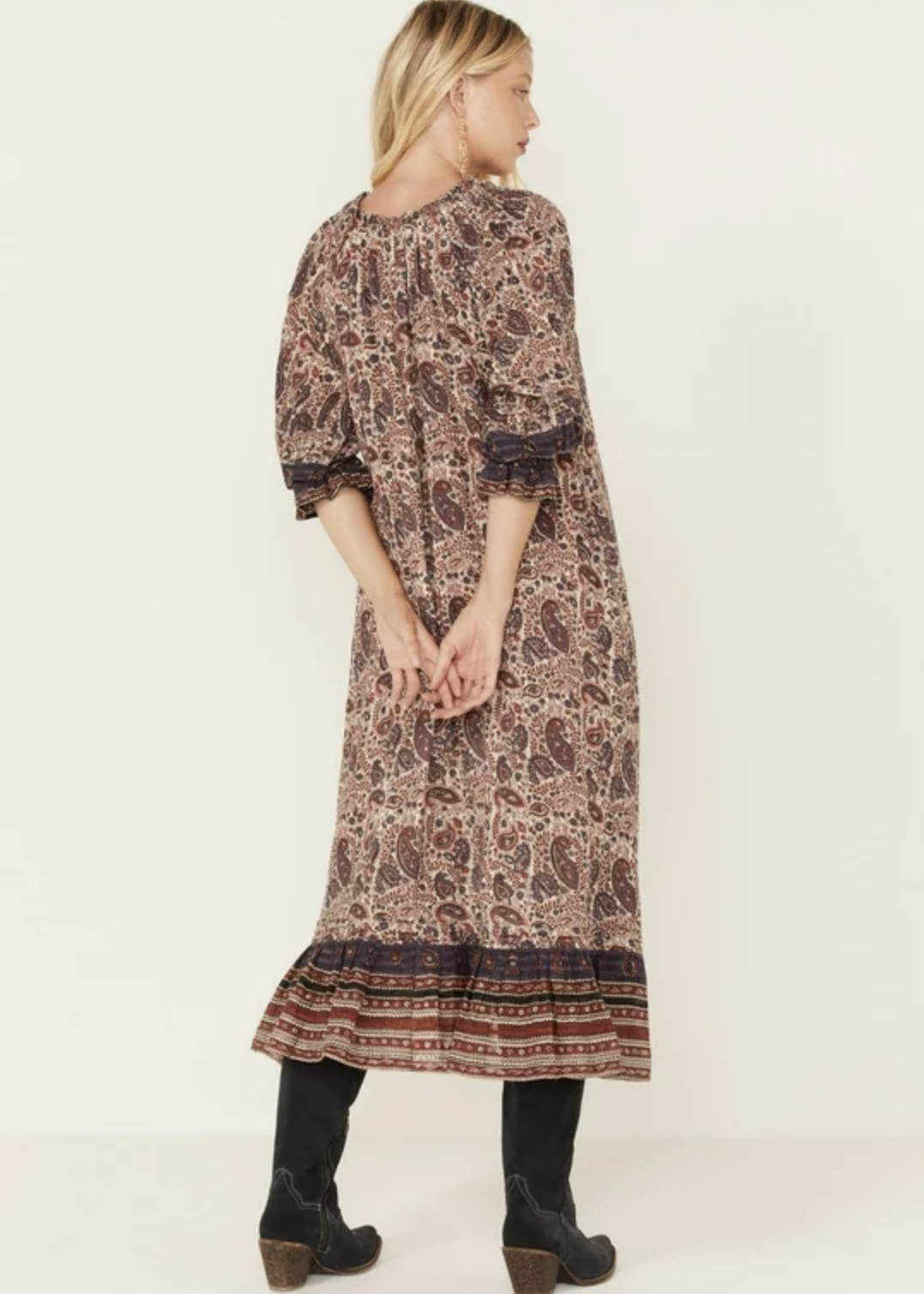 Cleobella Lola Metallic Paisley Print Ruffle Peasant Midi Dress Size XS V Neck
