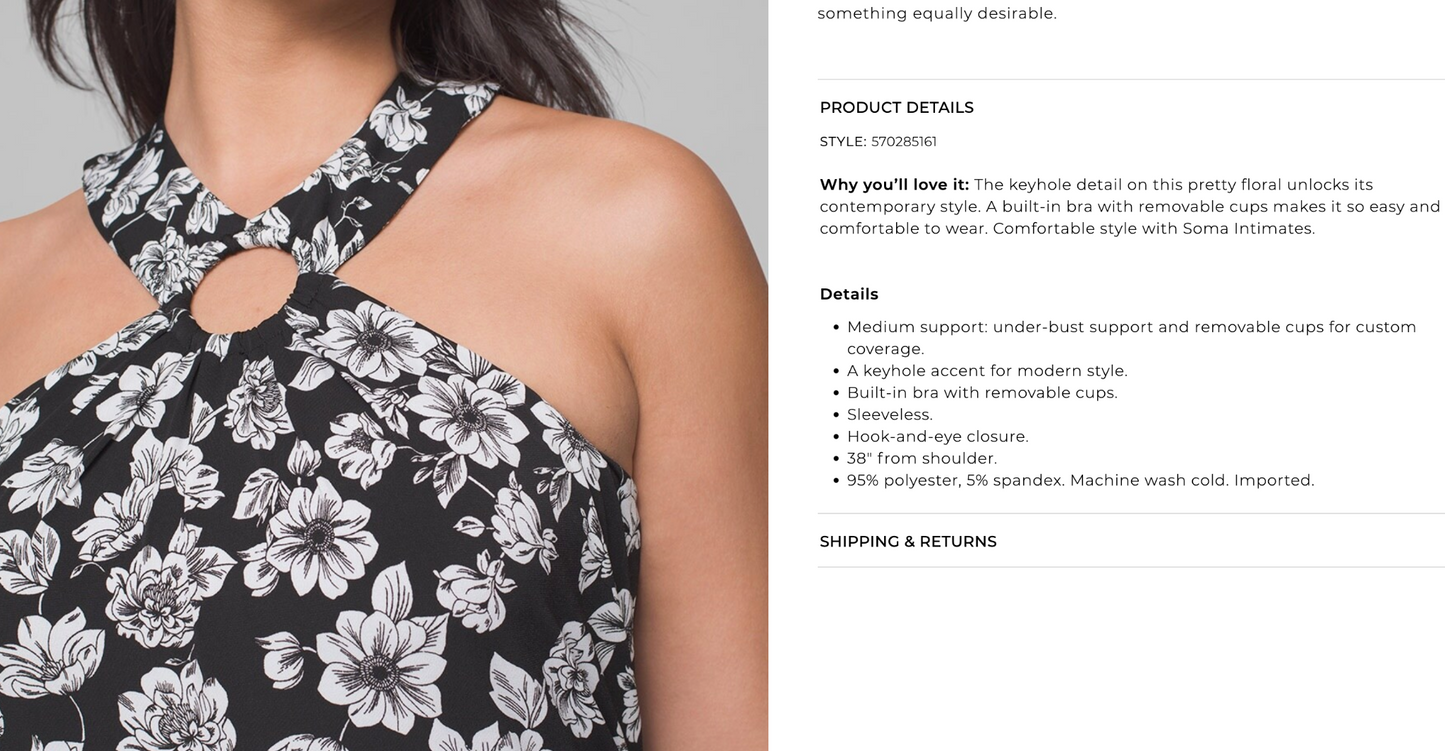 Soma Black White Floral Halter Ring Jersey Dress w/ Bra Size L Casual Summer