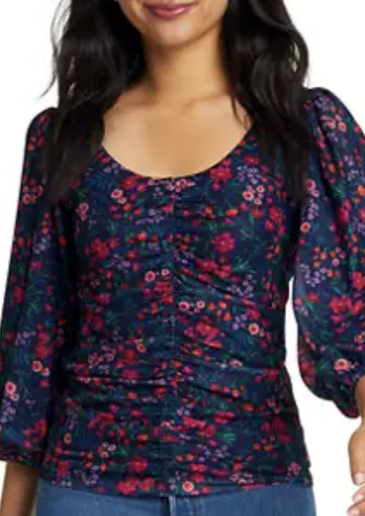 Draper James Shelby Navy Blue Floral Scoop Neck Ruched Mesh Top Blouse Size S