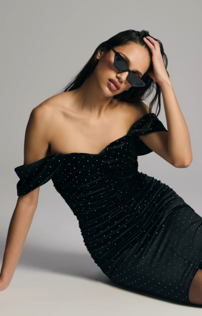 NWT Black Halo Black Velvet Silver Ruched On Off the Shoulder Cocktail Dress 10