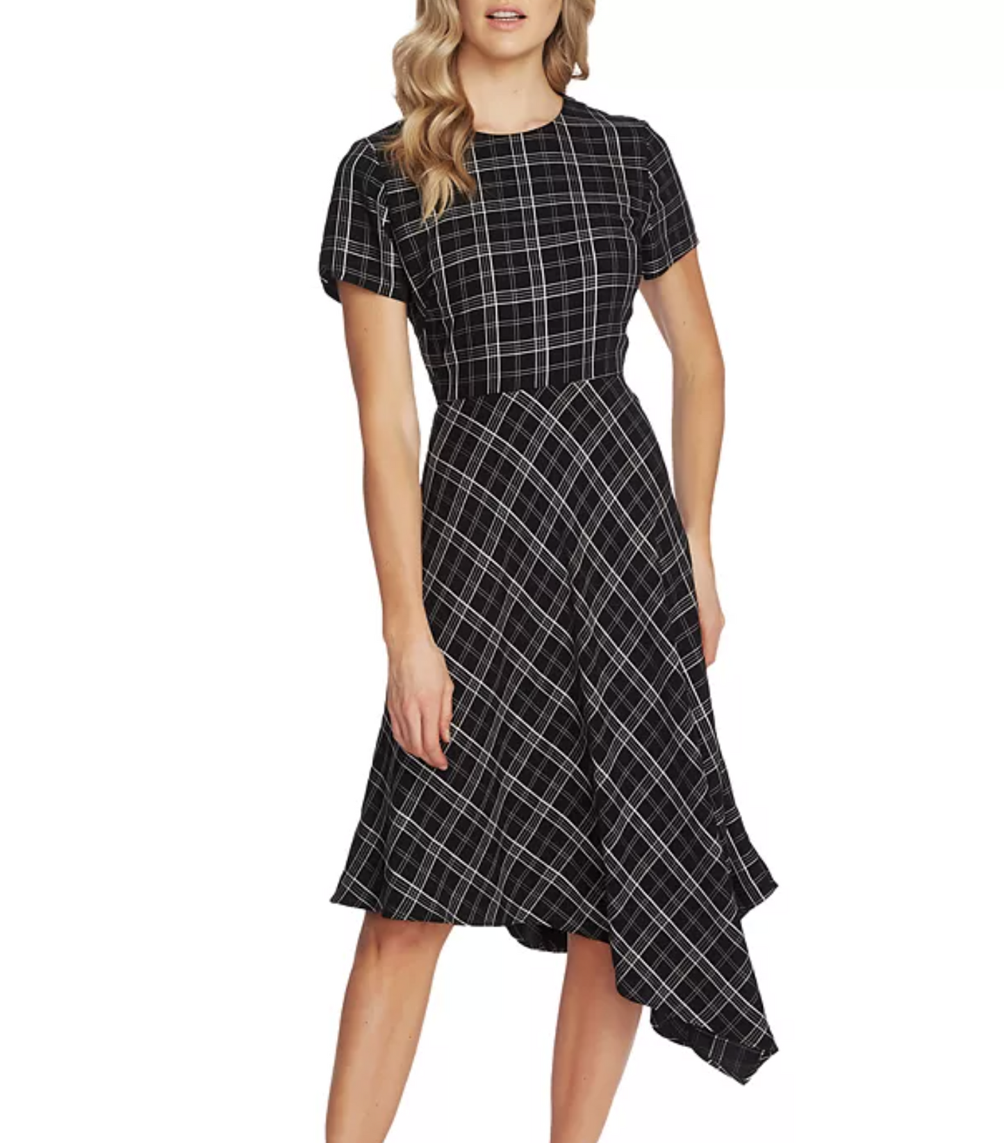 NWT Vince Camuto Black White Plaid Asymmetrical Handkerchief Hem Dress Size 14