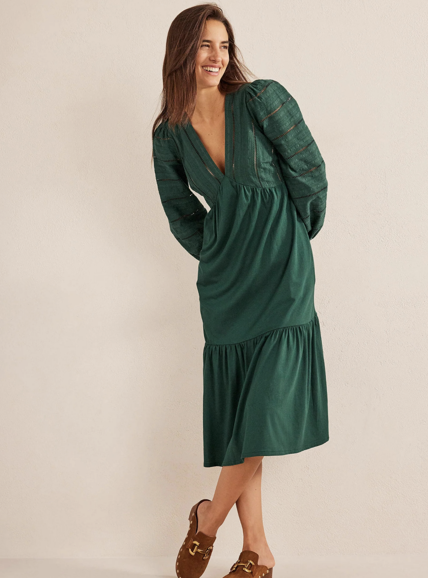 Boden Forest Green Woven Mix Midi Jersey Dress Size 2P Eyelet V Neck Flounce