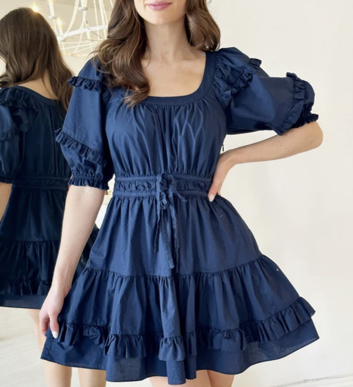 Anna Cate Navy Blue Ruffle Fit and Flare Mini Dress Size M Scoop Neck