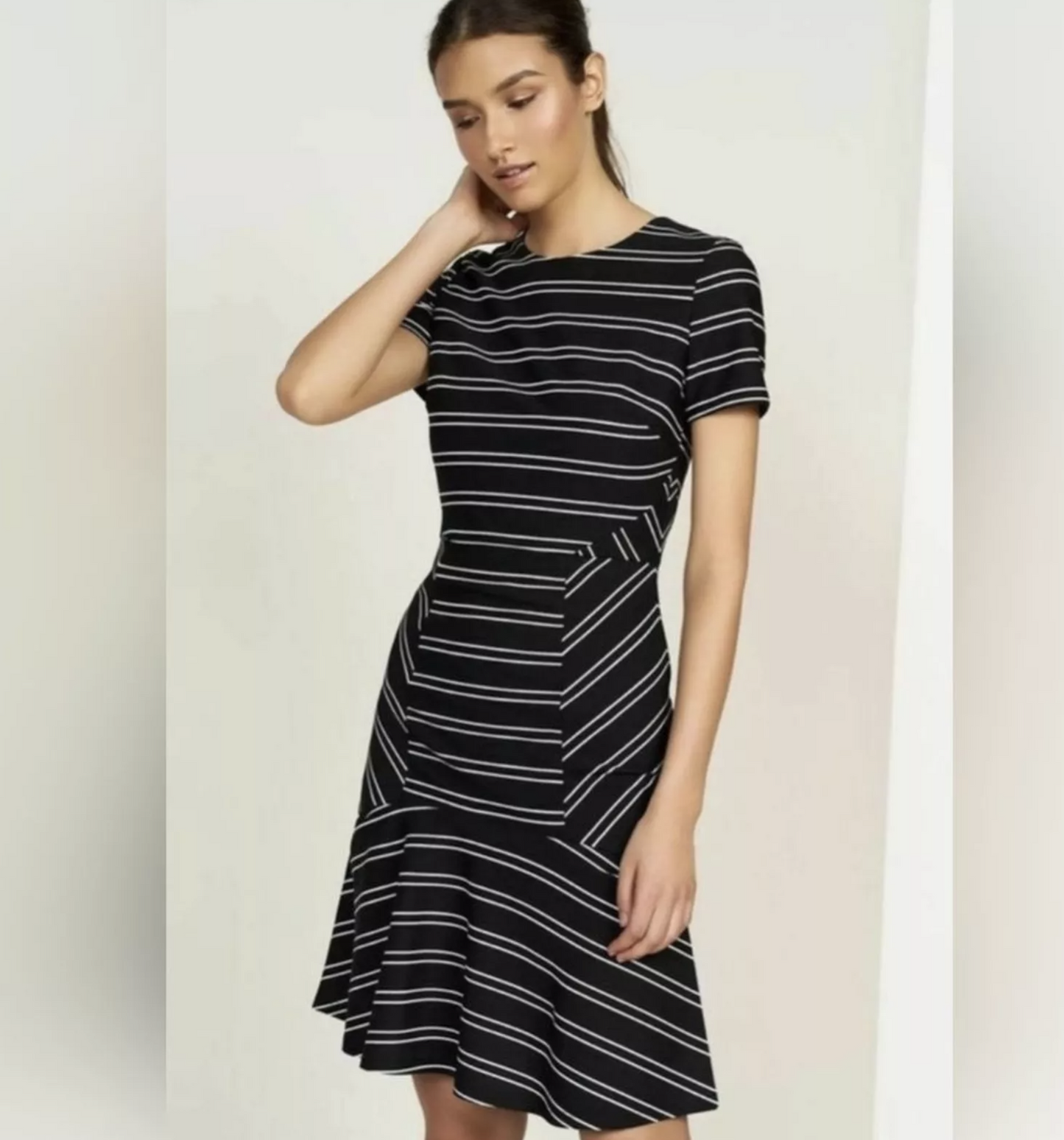 NWT Hutch Stitch Fix Black White Striped Short Sleeve Flounce Hem Dress Size S
