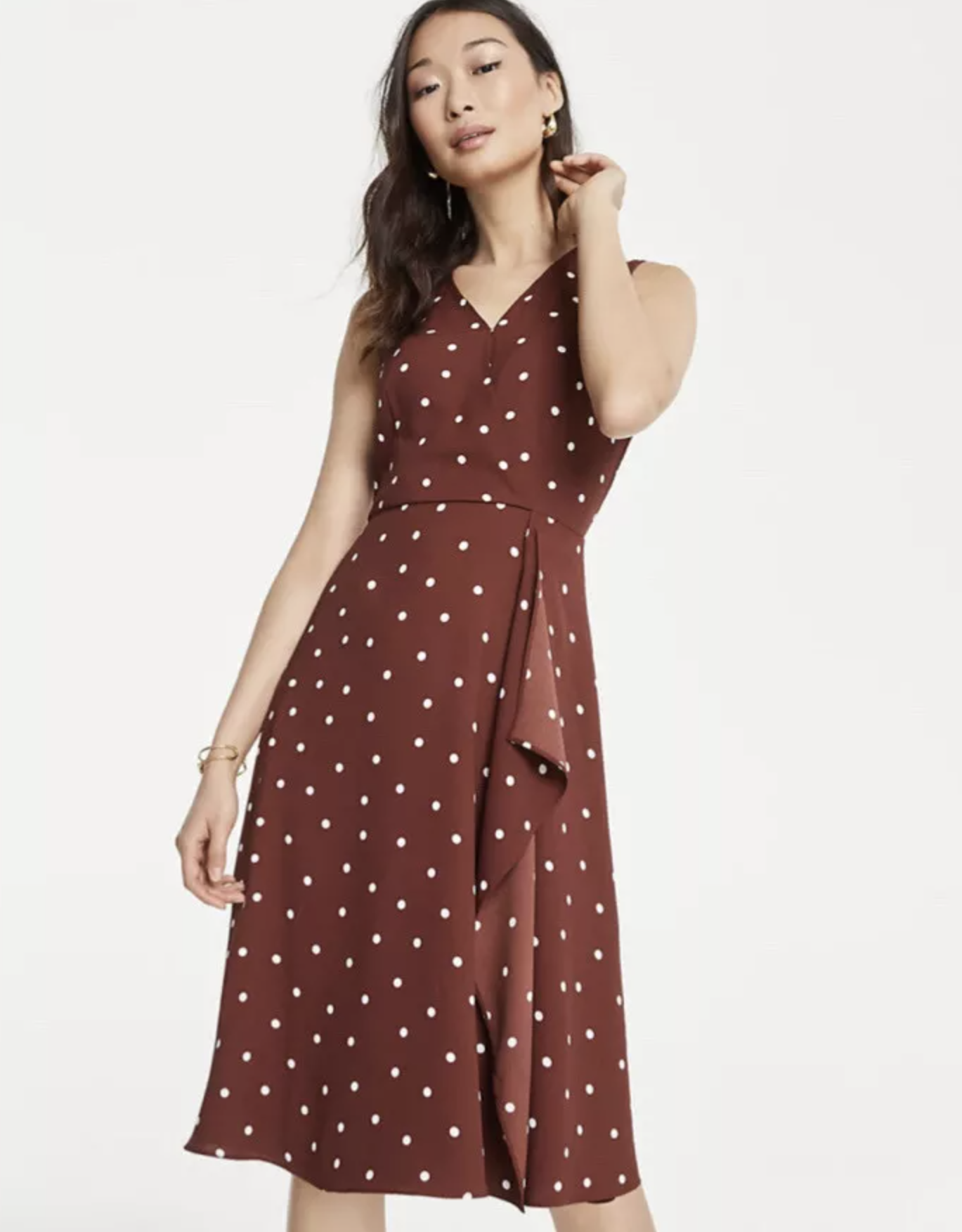 Ann Taylor Cognac Brown White Polka Dot Ruffle Faux Wrap V Neck Dress Size 6