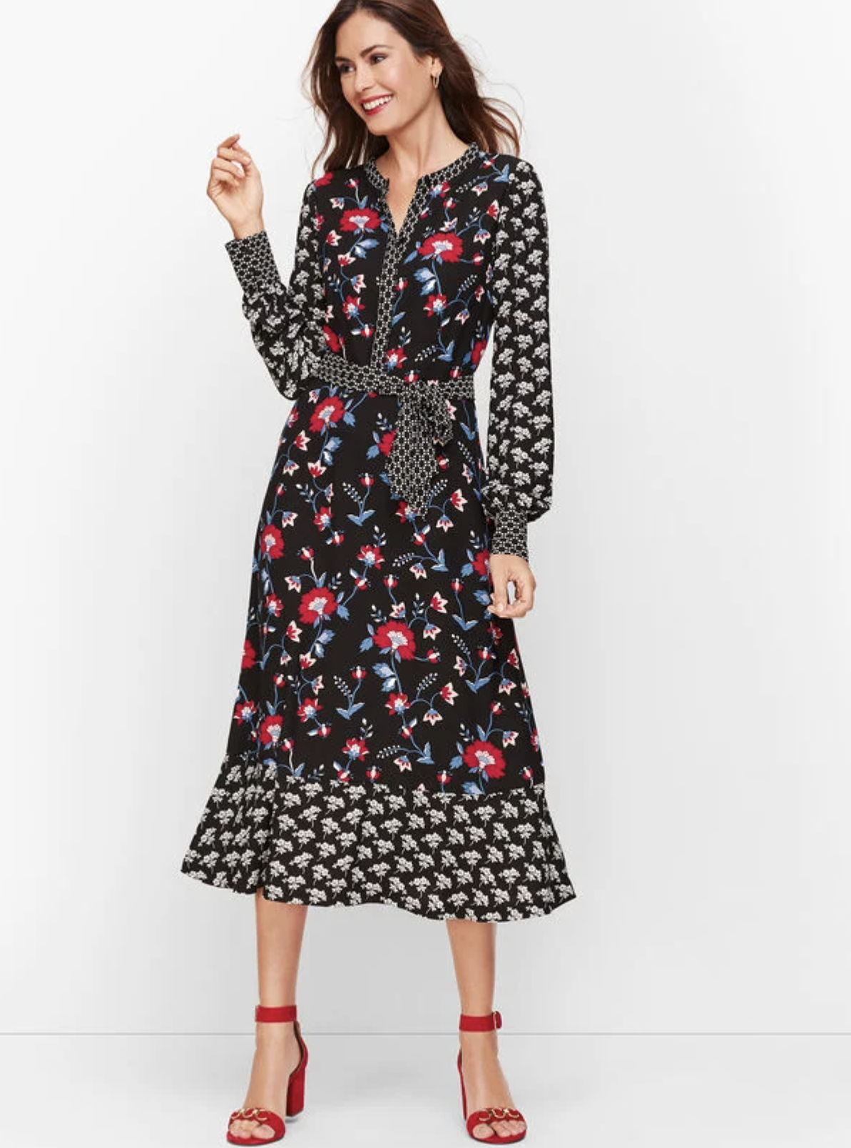 Talbots Black Mixed Floral Print Crepe Flounce Hem Midi Dress Size 10P Casual