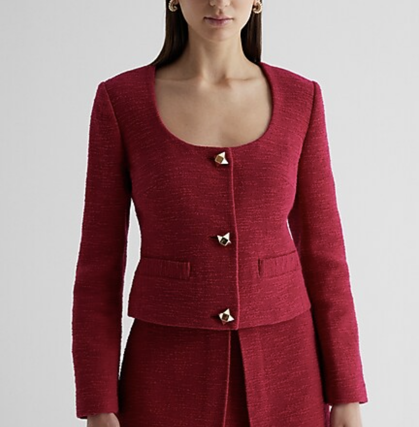 NWT Express Raspberry Tweed Scoop Neck Cropped Blazer Jacket Size XS Gold Button