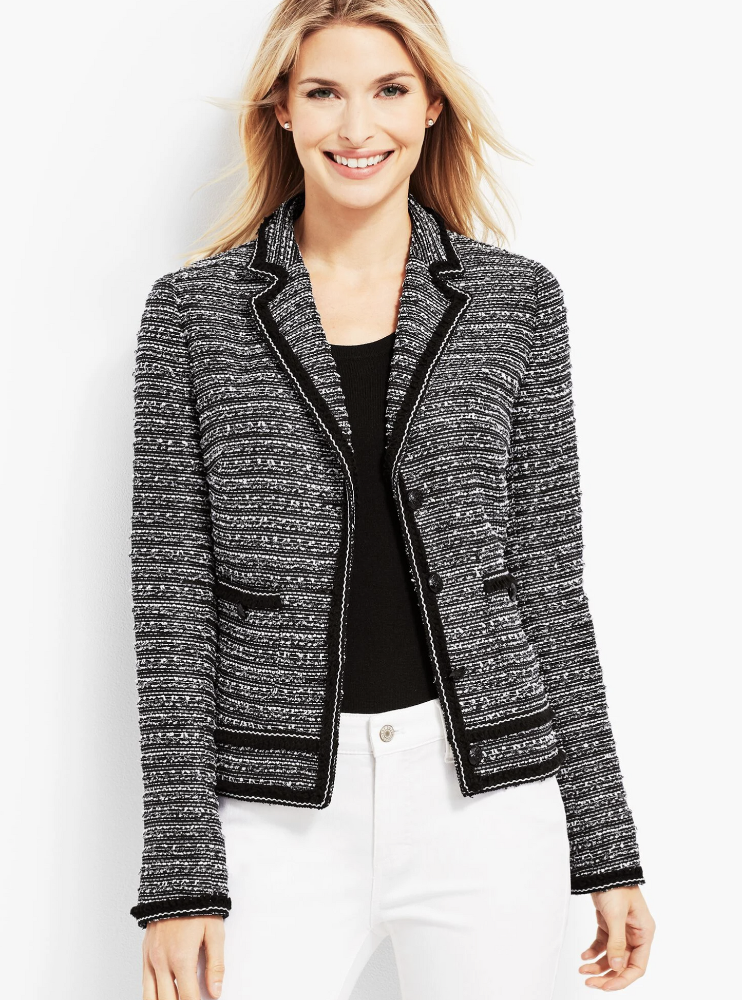 Talbots Womens Fringe Trim Tweed Blazer Jacket Size 8P Gray Black Career Office