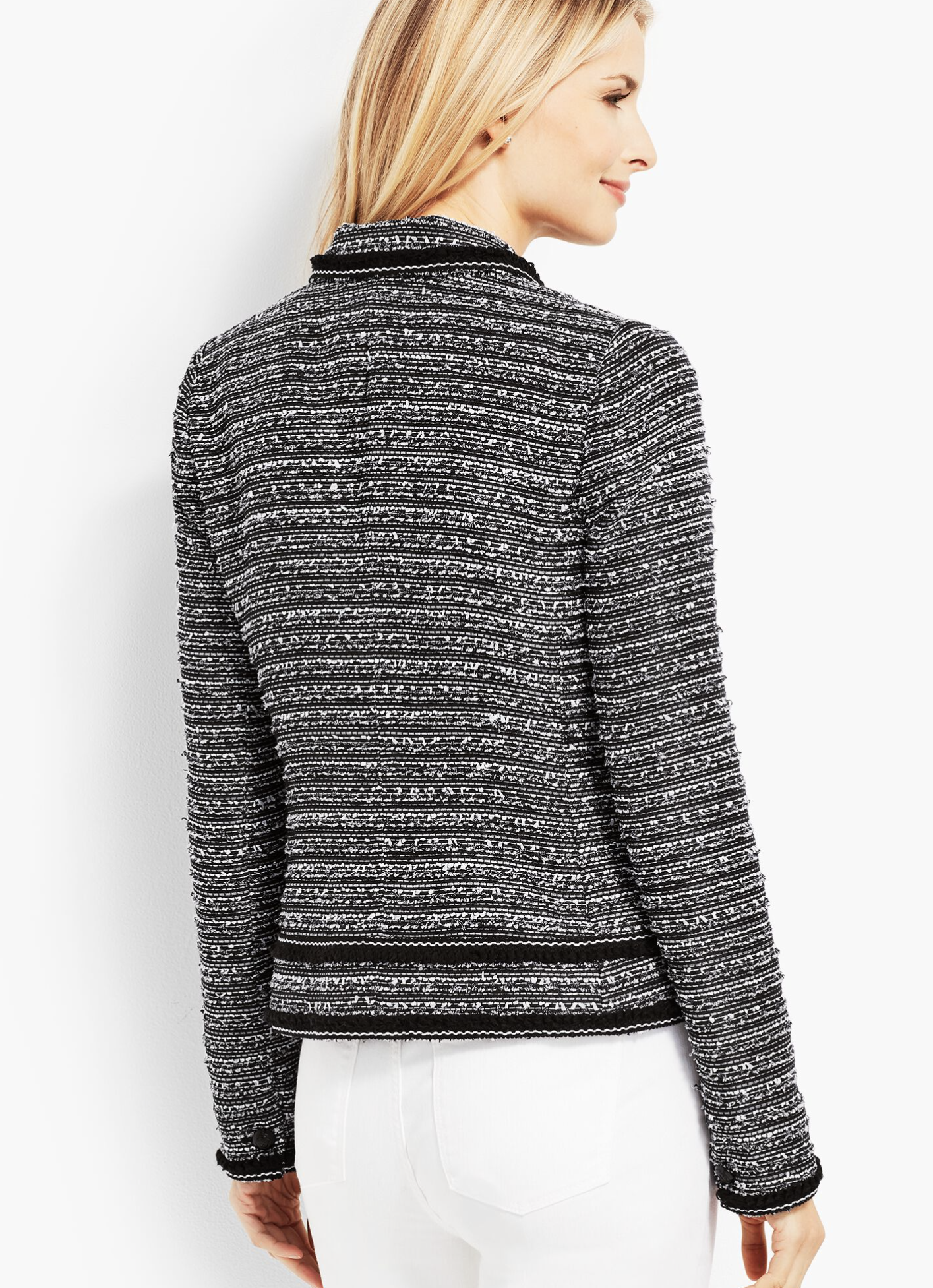 Talbots Womens Fringe Trim Tweed Blazer Jacket Size 8P Gray Black Career Office